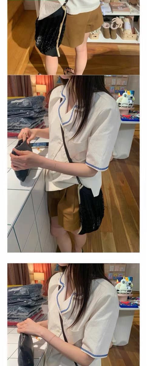 재고 있음 ins 한 바람 작은 대중 디자인 센스 자수 정장 칼라 루즈핏 다용도 반팔 셔츠 여성 의류 맨위 상세 이미지 6