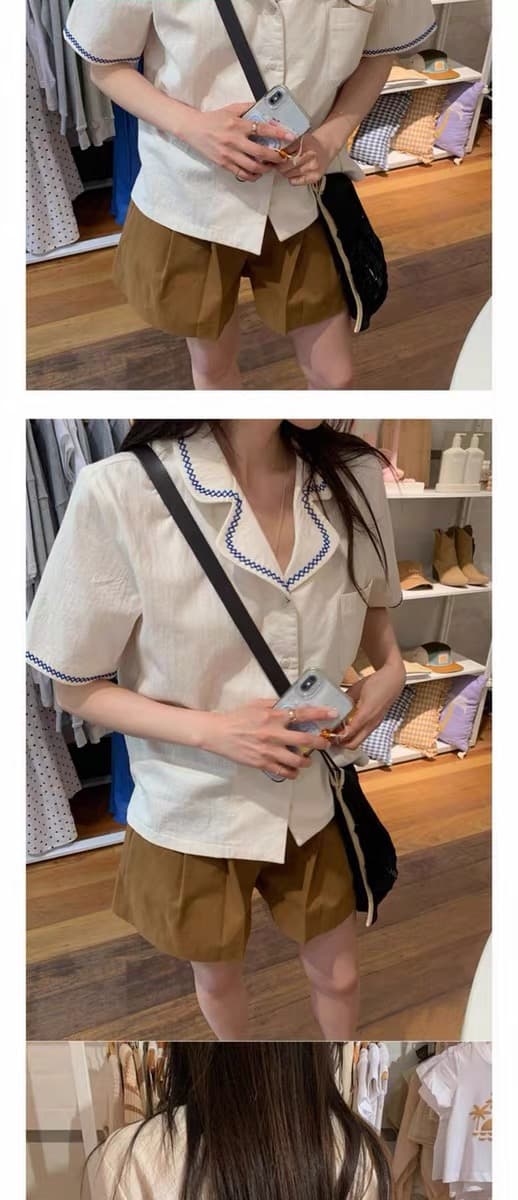 재고 있음 ins 한 바람 작은 대중 디자인 센스 자수 정장 칼라 루즈핏 다용도 반팔 셔츠 여성 의류 맨위 상세 이미지 7