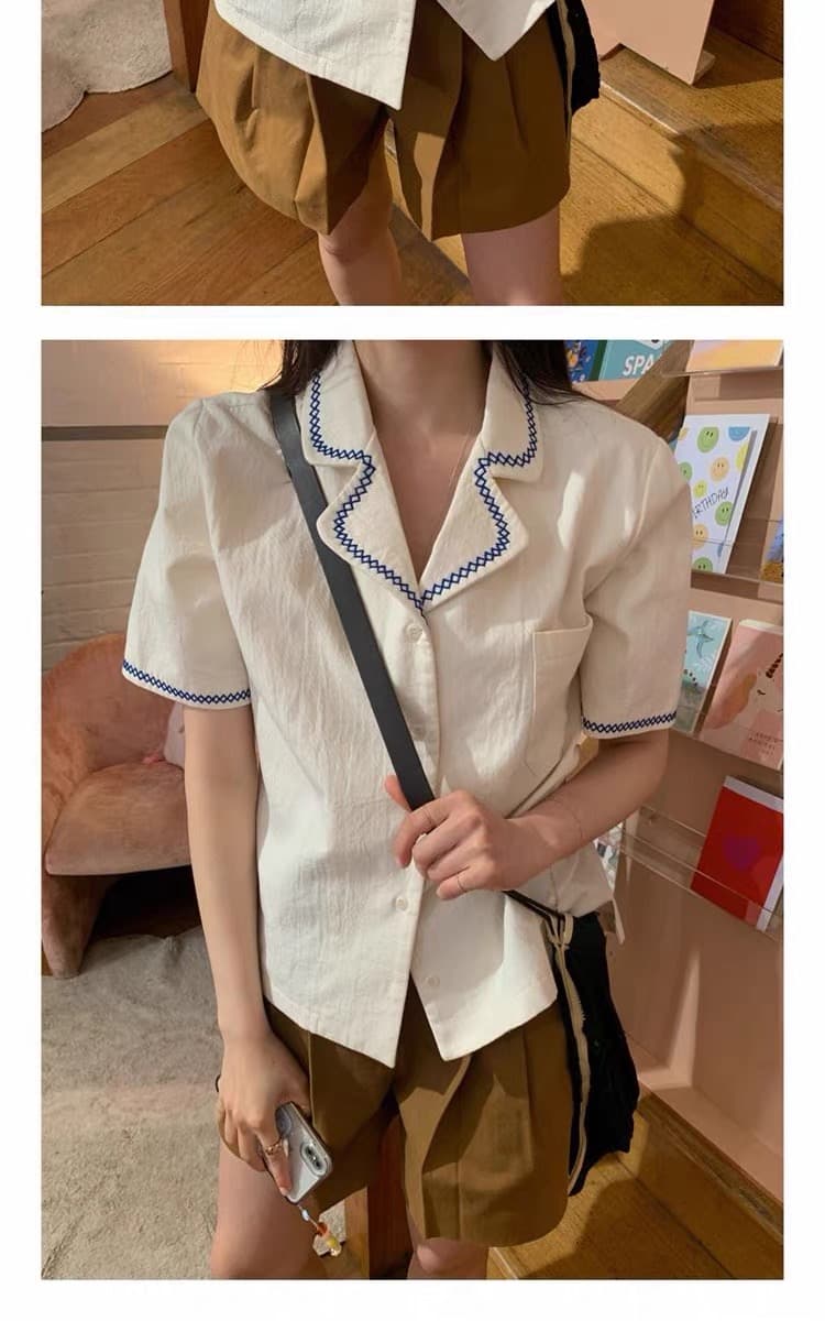 재고 있음 ins 한 바람 작은 대중 디자인 센스 자수 정장 칼라 루즈핏 다용도 반팔 셔츠 여성 의류 맨위 상세 이미지 10