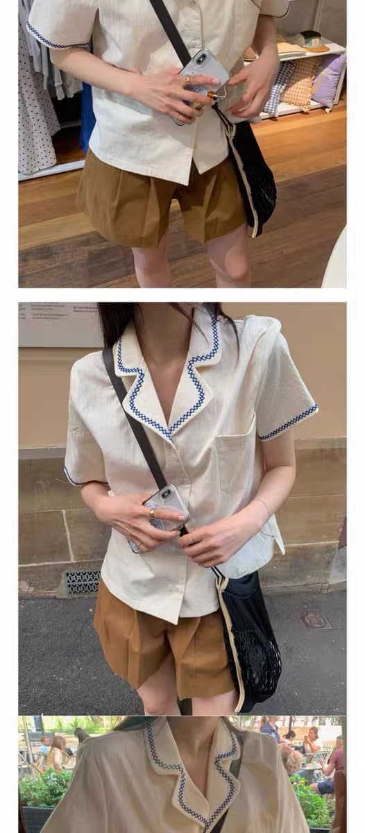 재고 있음 ins 한 바람 작은 대중 디자인 센스 자수 정장 칼라 루즈핏 다용도 반팔 셔츠 여성 의류 맨위 상세 이미지 11