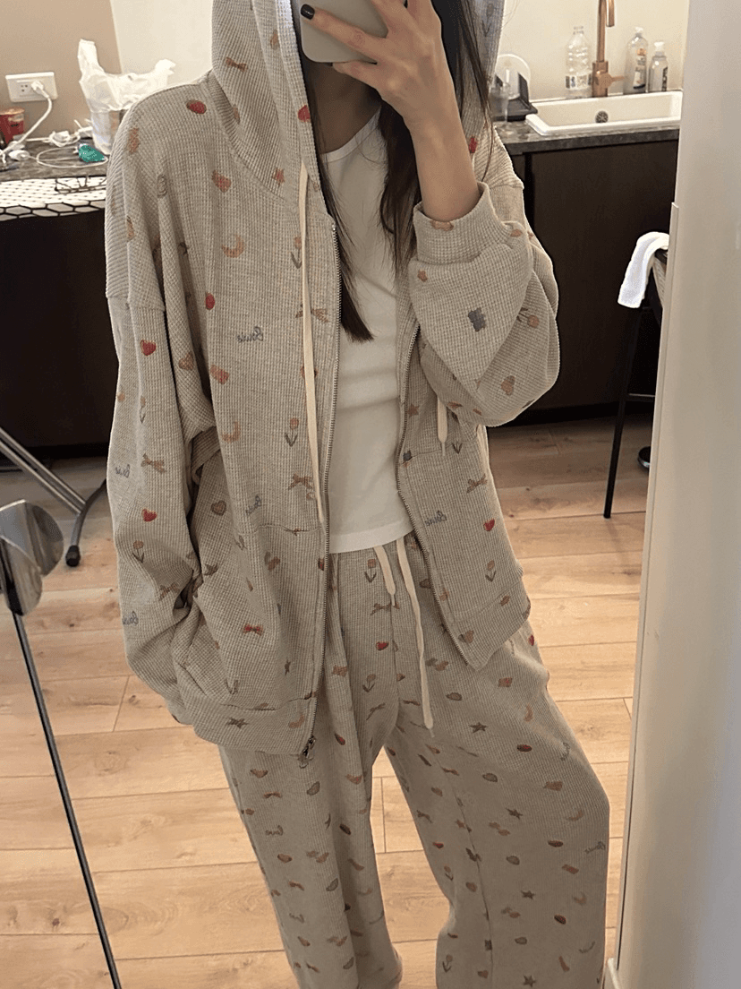 재고 있음 한 부서 이른 가을 소녀 후아 남편 그리드 후드티 연령 감소 프린트 루즈핏 반바지 캐주얼 바지 세트 상세 이미지 15
