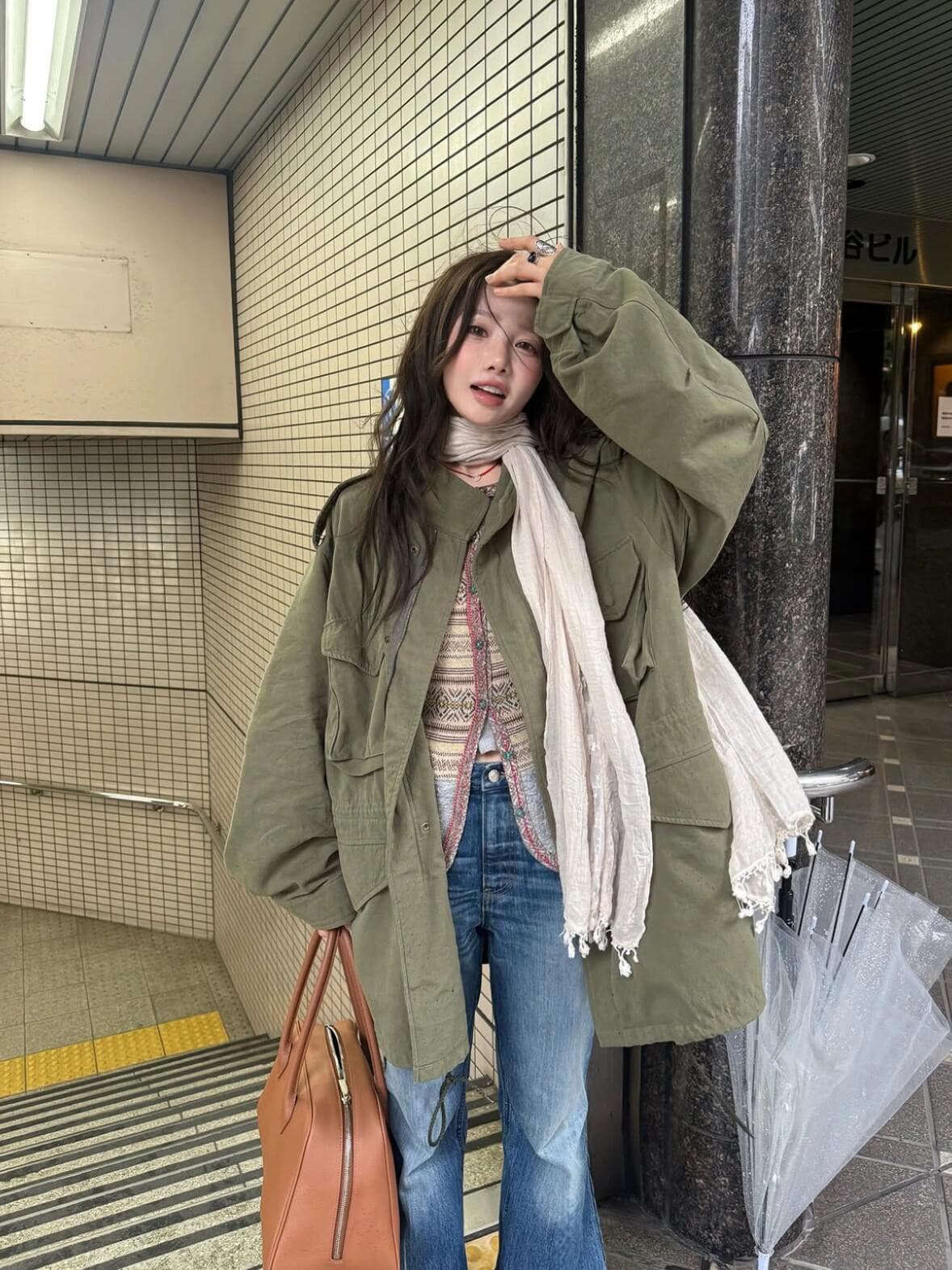 재고 있음 이른 가을 새로운 26 레트로 루즈핏 캐주얼 스탠드 칼라 중간 길이 워크웨어 바람막이 재킷 여성 코트 상세 이미지 1
