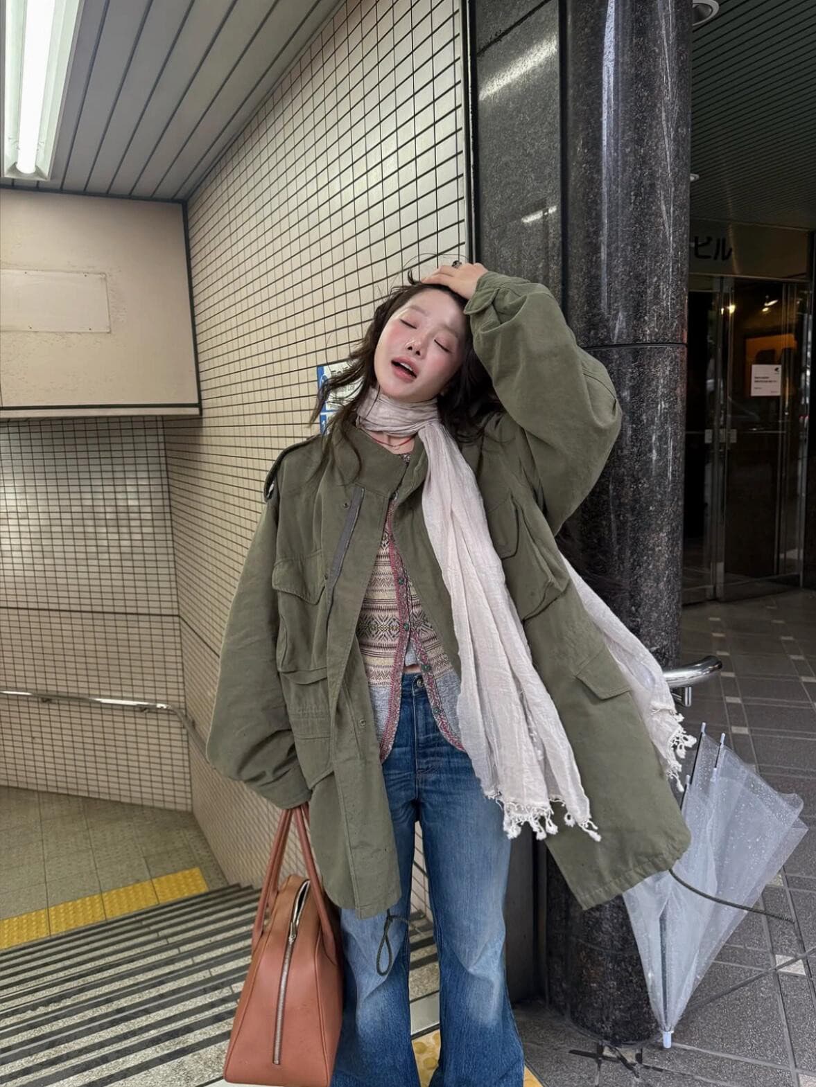 재고 있음 이른 가을 새로운 26 레트로 루즈핏 캐주얼 스탠드 칼라 중간 길이 워크웨어 바람막이 재킷 여성 코트 상세 이미지 2