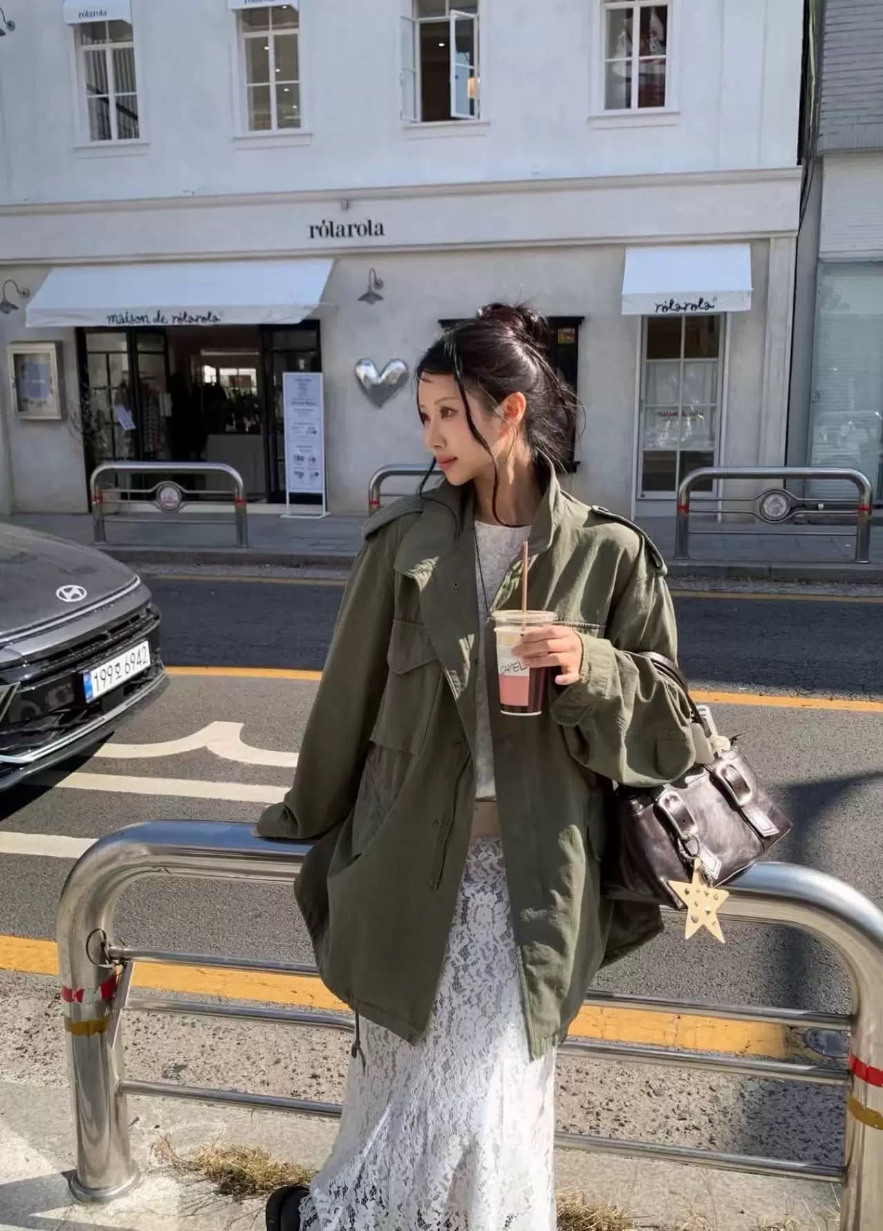 재고 있음 이른 가을 새로운 26 레트로 루즈핏 캐주얼 스탠드 칼라 중간 길이 워크웨어 바람막이 재킷 여성 코트 상세 이미지 16
