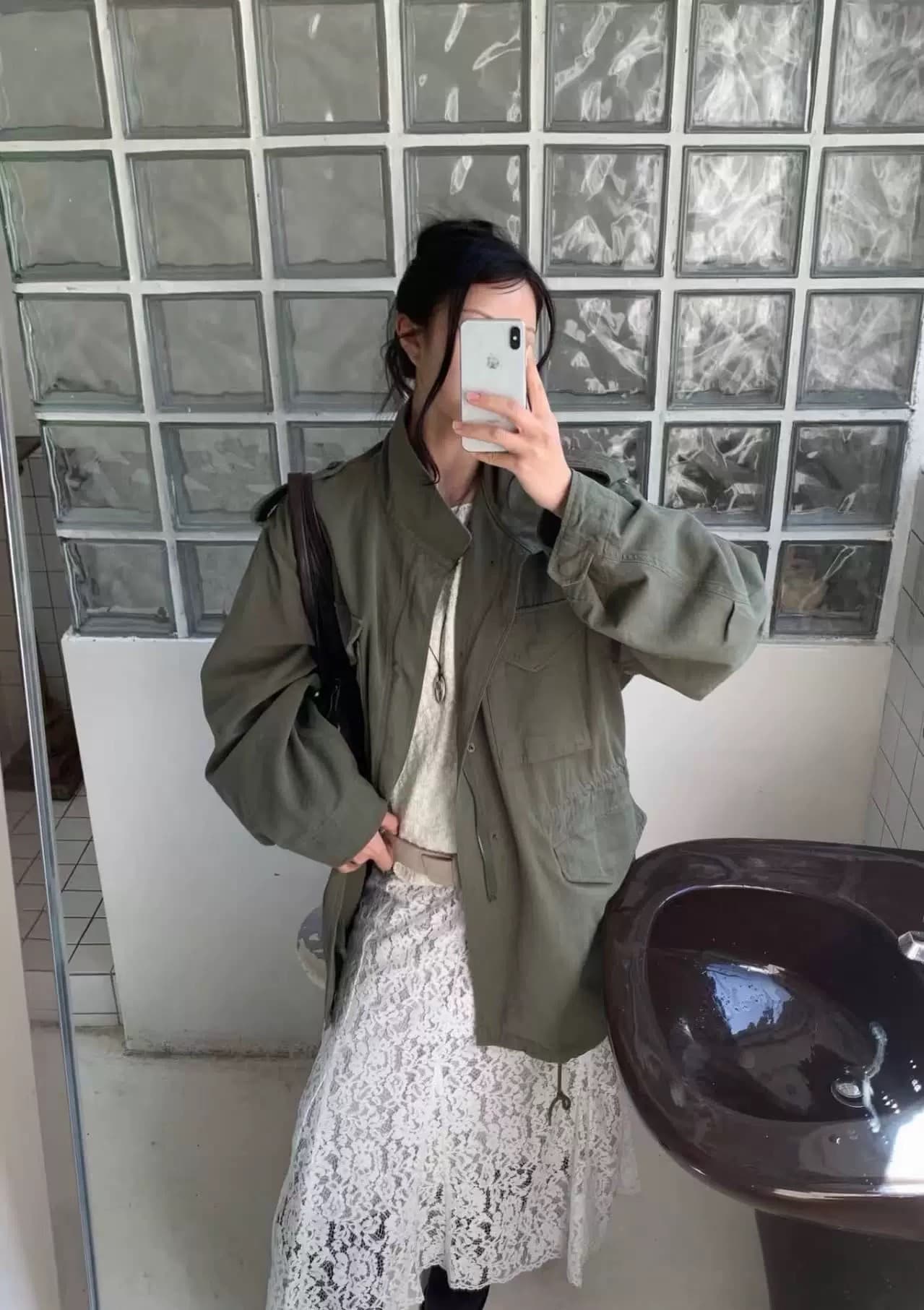 재고 있음 이른 가을 새로운 26 레트로 루즈핏 캐주얼 스탠드 칼라 중간 길이 워크웨어 바람막이 재킷 여성 코트 상세 이미지 20