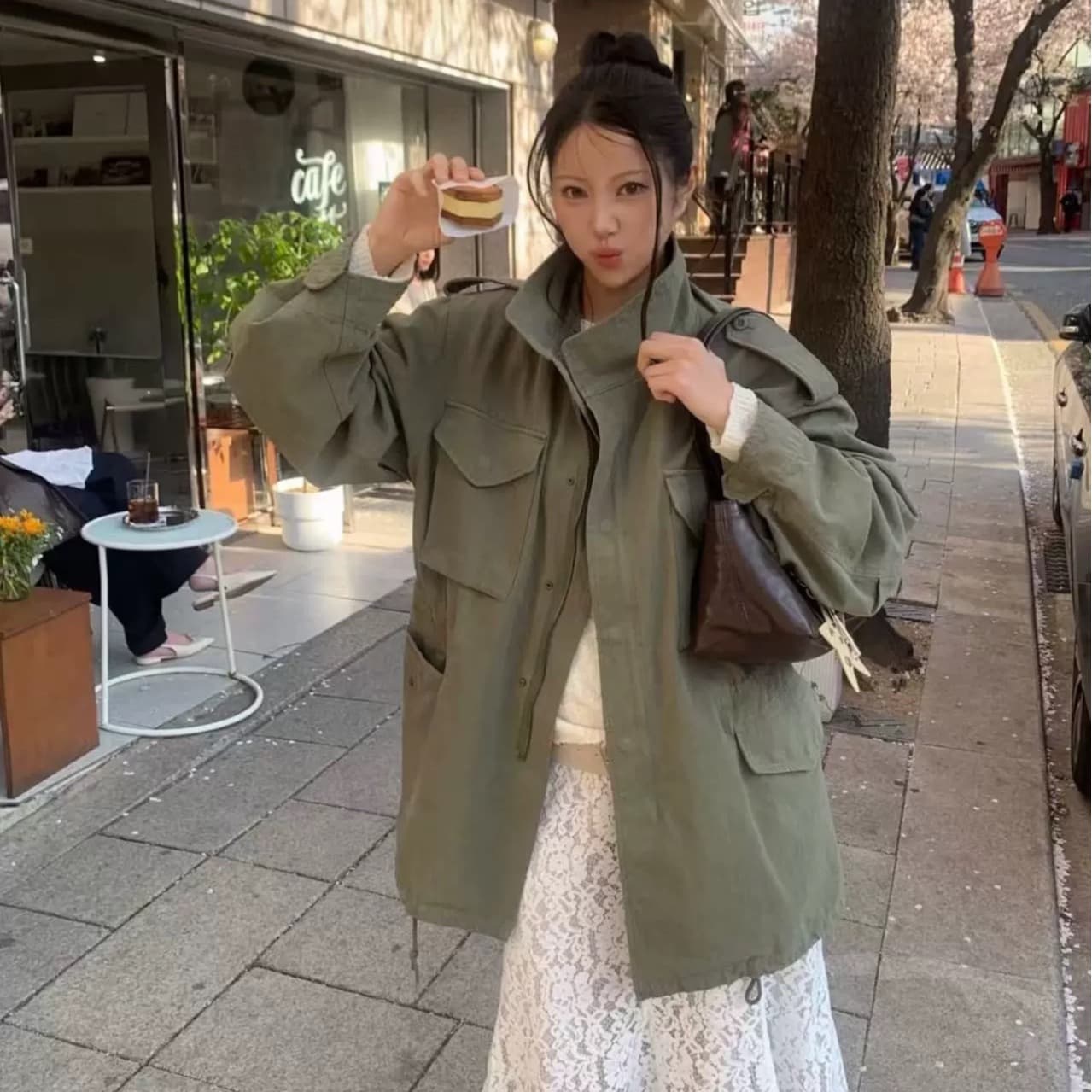재고 있음 이른 가을 새로운 26 레트로 루즈핏 캐주얼 스탠드 칼라 중간 길이 워크웨어 바람막이 재킷 여성 코트 이미지 4