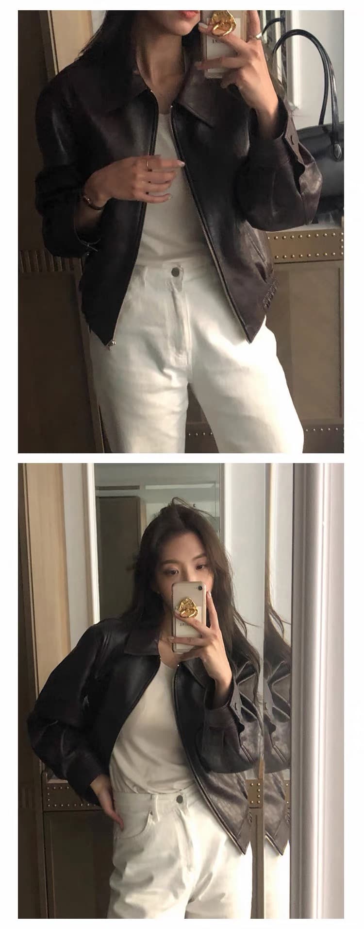 재고 있음 한국 동대문 가죽 재킷 여성 짧은 레트로 아메리칸 고급 센스 오토바이 서비스 가죽 자켓 재킷 가을 겨울 상세 이미지 9