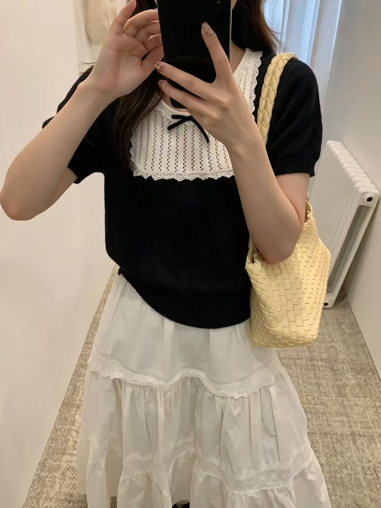 재고 있음 매장 정통 달콤한 자매 인생 셔츠 가을 켜기 새로운 달콤함 철자 레이스 레이스 배색 니트 스웨터 상세 이미지 4