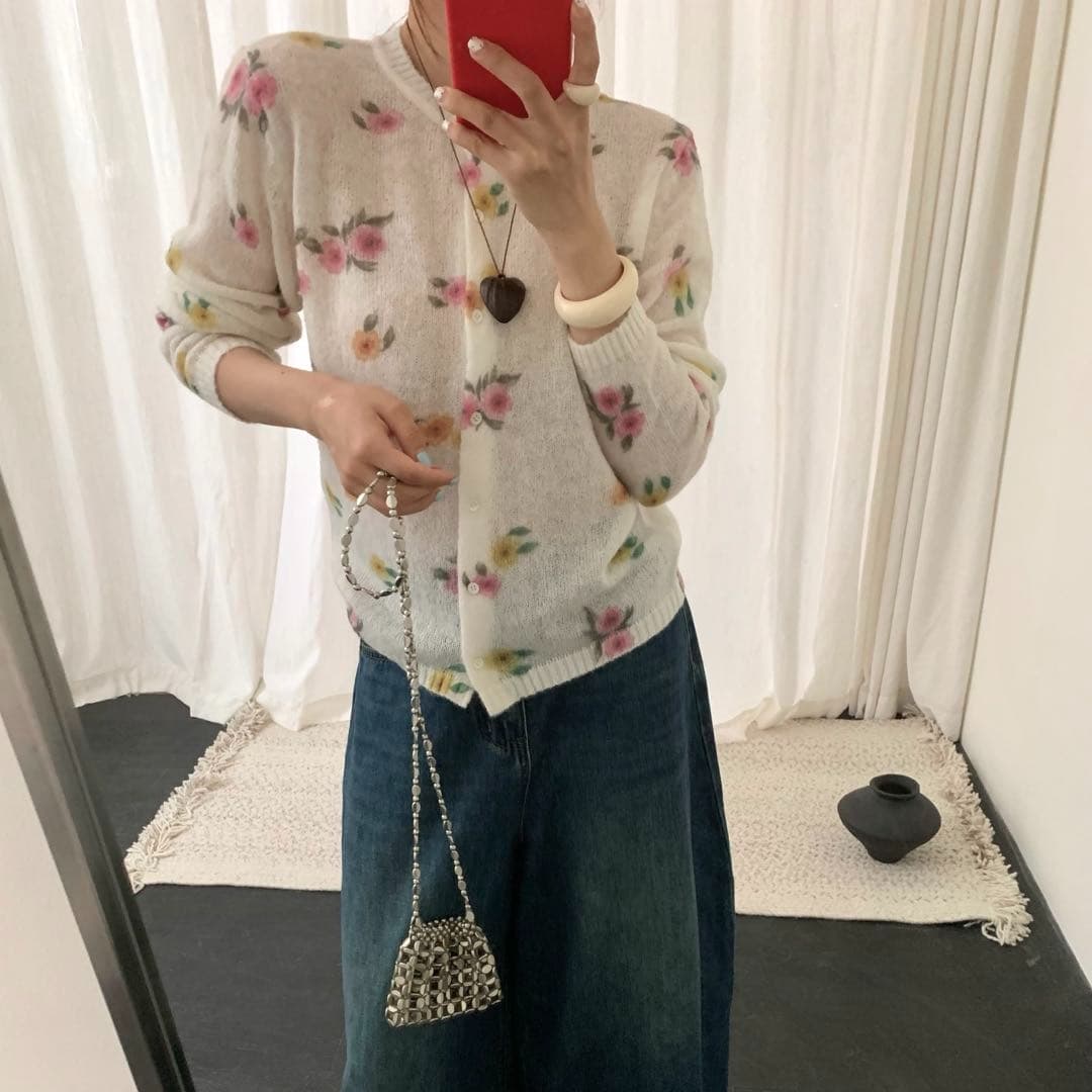 재고 있음 한국 동대문 이른 가을 부드러운 전원 바람 인쇄 꽃 니트 오픈 가디건 폭발 화재 스웨터 코트 이미지 2