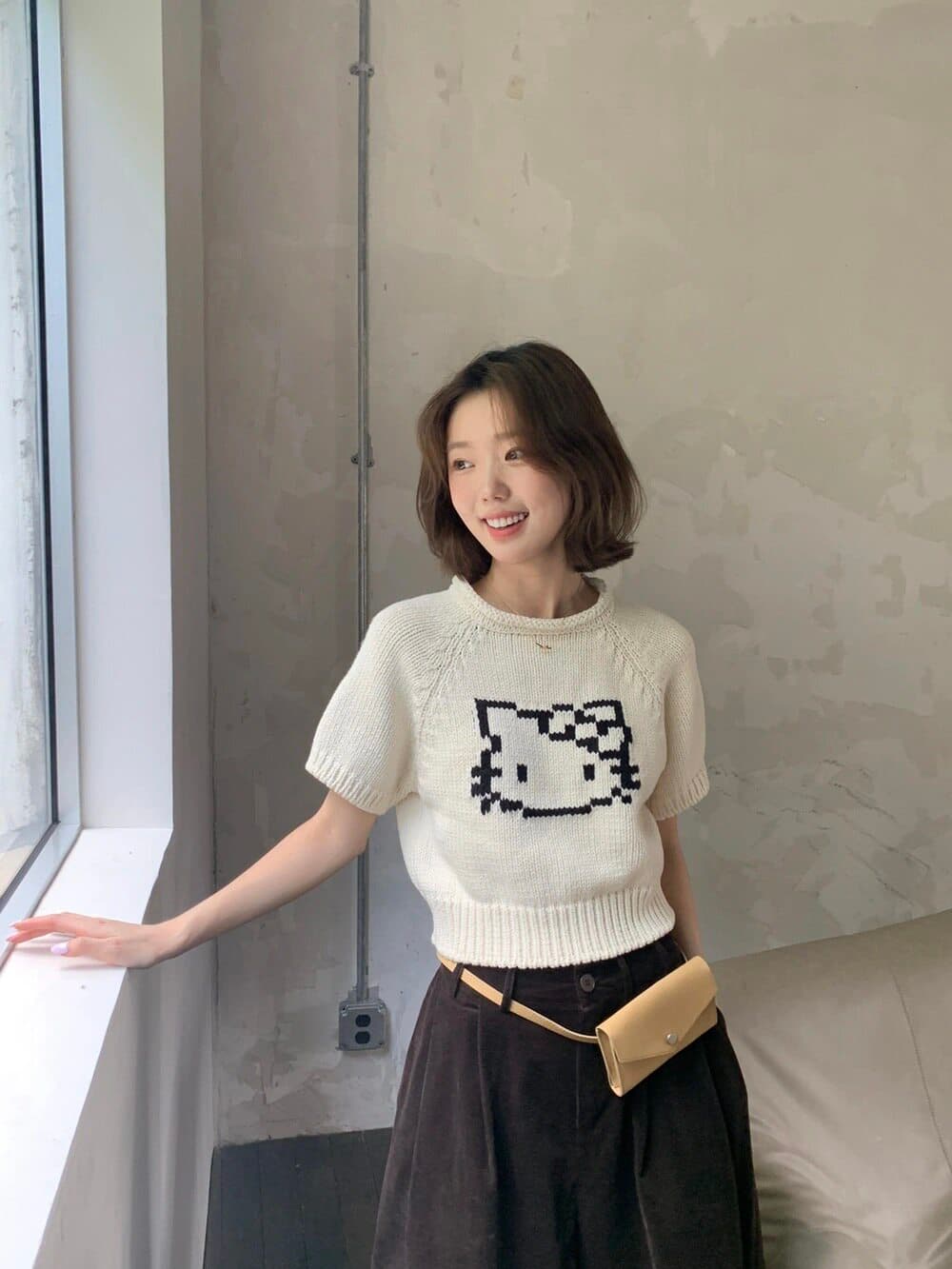 재고 있음 가을 한 부서 볼륨 측면 라운드 넥 만화 kt 고양이 자카드 반팔 니트 반팔 맨위 상세 이미지 5