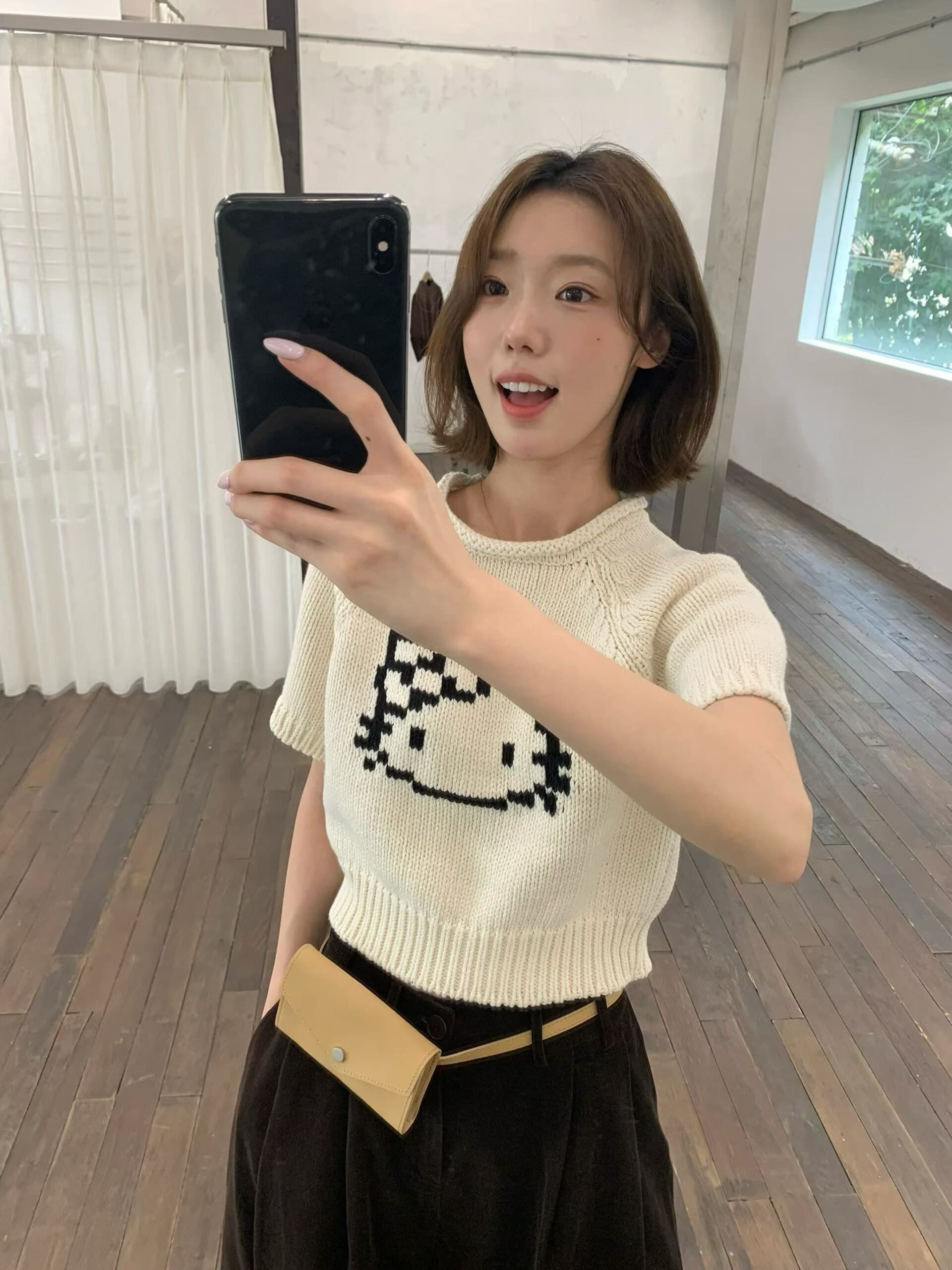 재고 있음 가을 한 부서 볼륨 측면 라운드 넥 만화 kt 고양이 자카드 반팔 니트 반팔 맨위 상세 이미지 9