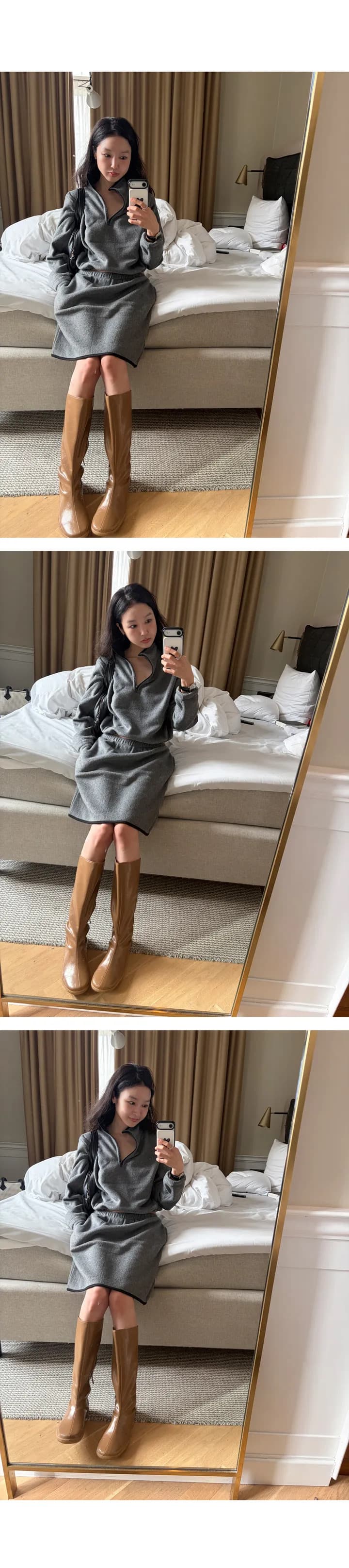 한국 작은 대중 캐주얼 미니멀리즘 플리스 터틀넥 펌프 로프 맨위 반 스커트 세트 상세 이미지 2