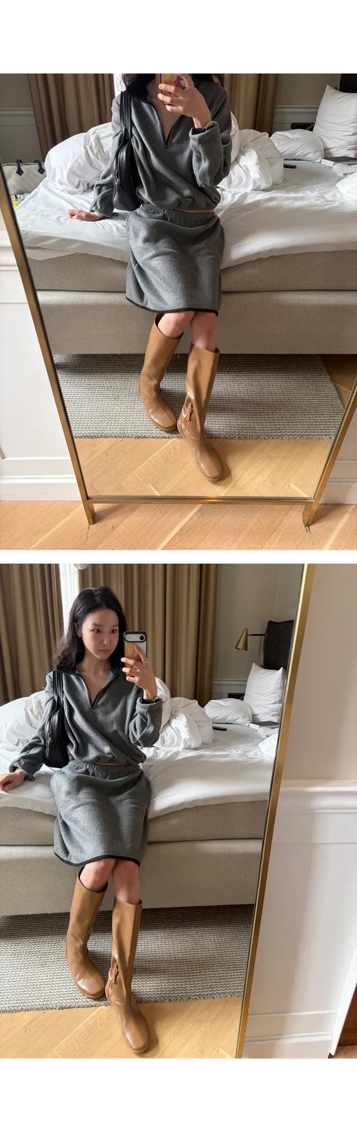 한국 작은 대중 캐주얼 미니멀리즘 플리스 터틀넥 펌프 로프 맨위 반 스커트 세트 상세 이미지 6