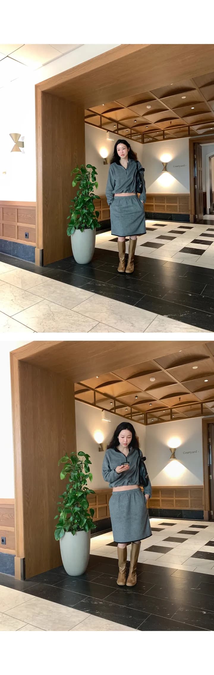 한국 작은 대중 캐주얼 미니멀리즘 플리스 터틀넥 펌프 로프 맨위 반 스커트 세트 상세 이미지 11