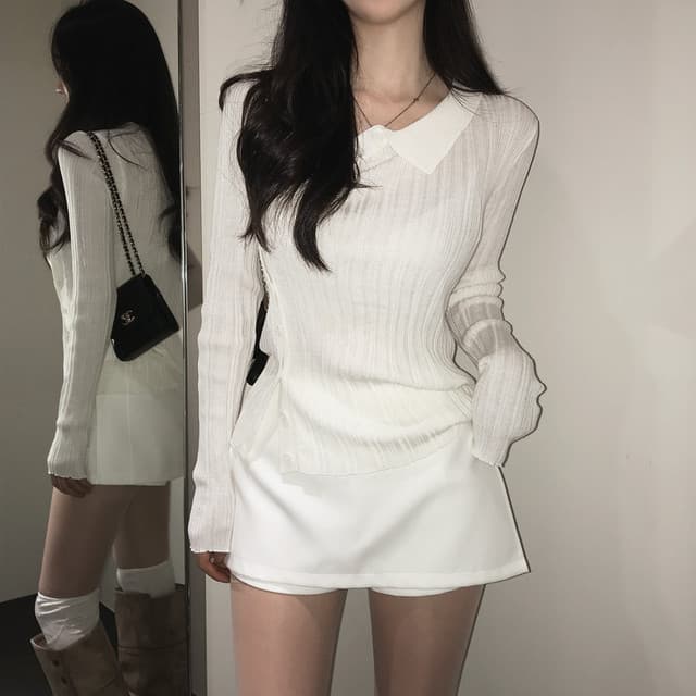 한국 동대문 2026 가을 새로운 폴로 칼라 긴팔 니트 스웨터 여성 셔츠 이미지 3