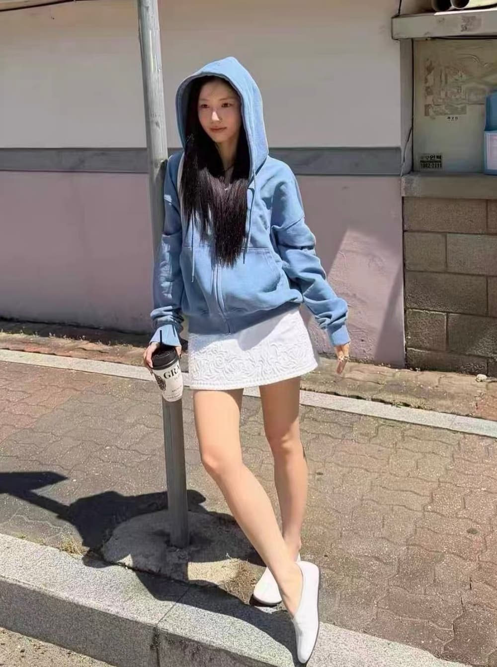 한국 보 주님 느슨함 센스 안개 안개 블루 자수 후드 캐주얼 후드티 여성 코트 가을 지퍼 쇼트 스타일 맨위 상세 이미지 2