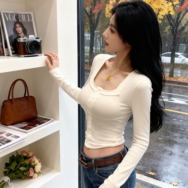 2026 광장 칼라 핫걸 순수한 욕망 바람 쇼트 스타일 봄 가을 긴팔 티셔츠 여성 몸매 가꾸기 인사이드 잡아라. 의류 이미지 4