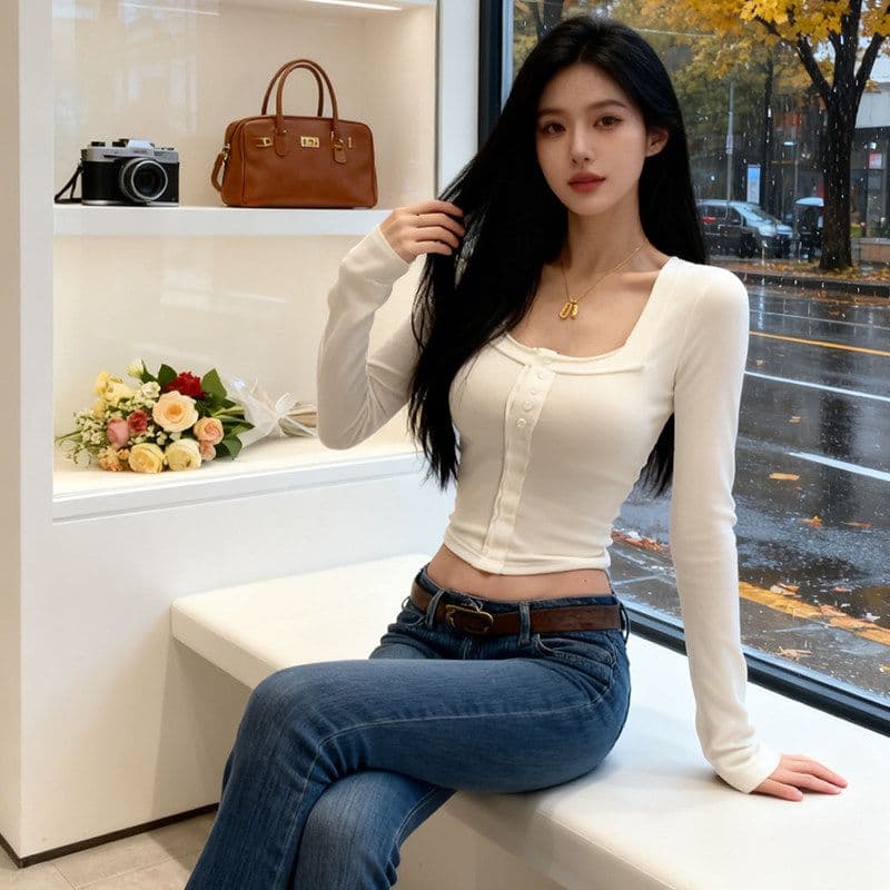 2026 광장 칼라 핫걸 순수한 욕망 바람 쇼트 스타일 봄 가을 긴팔 티셔츠 여성 몸매 가꾸기 인사이드 잡아라. 의류 이미지 5