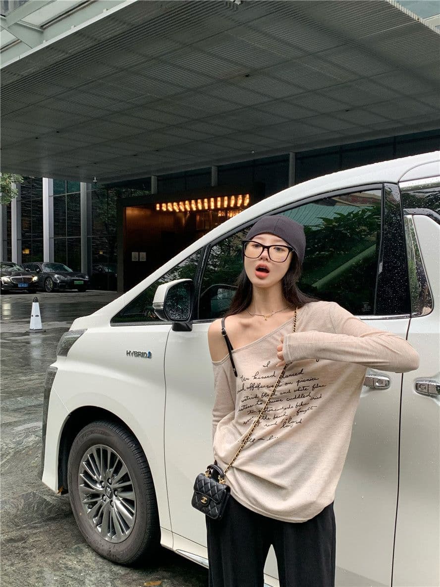 2026 오프숄더 슬립 긴팔 티셔츠 여성 여름 얇은 스타일 알파벳 루즈핏 자외선 차단 블라우스 만나는 작은 셔츠 맨위 상세 이미지 12