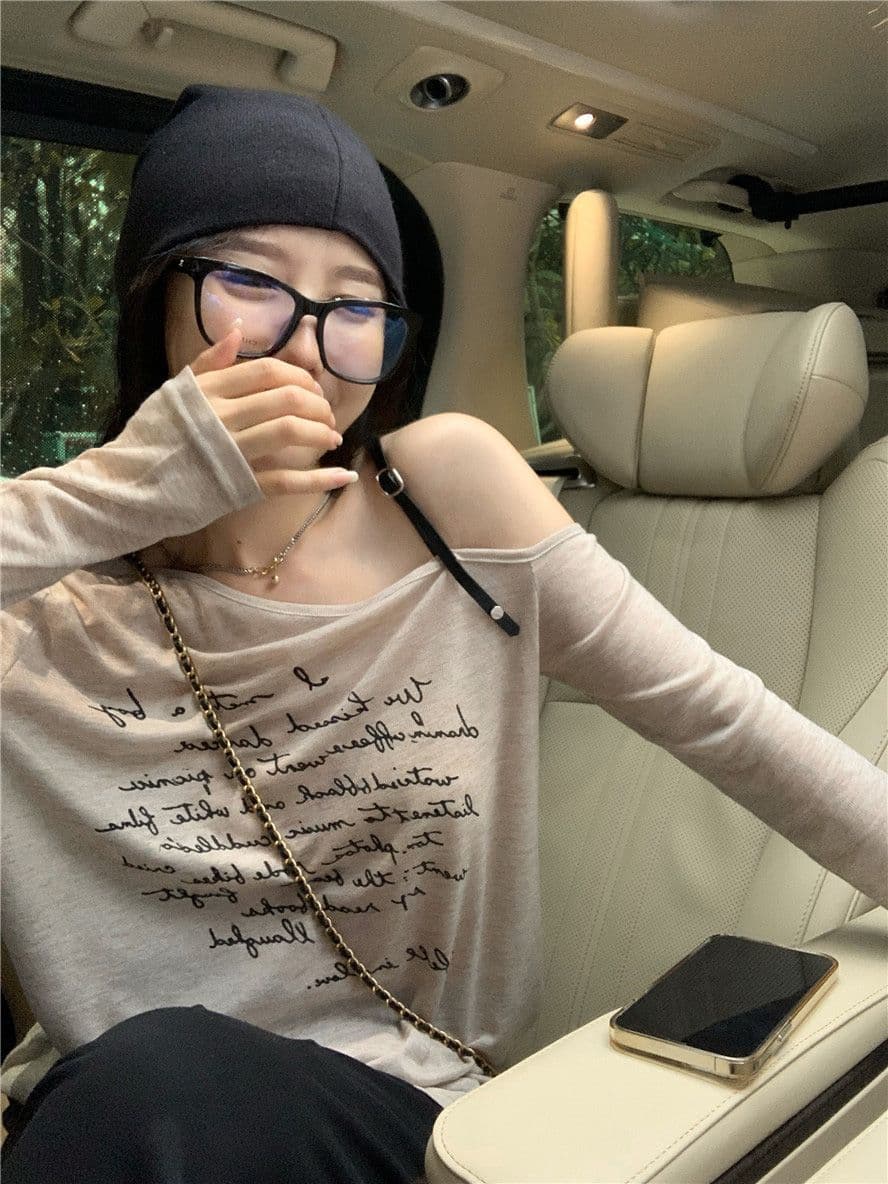 2026 오프숄더 슬립 긴팔 티셔츠 여성 여름 얇은 스타일 알파벳 루즈핏 자외선 차단 블라우스 만나는 작은 셔츠 맨위 상세 이미지 22