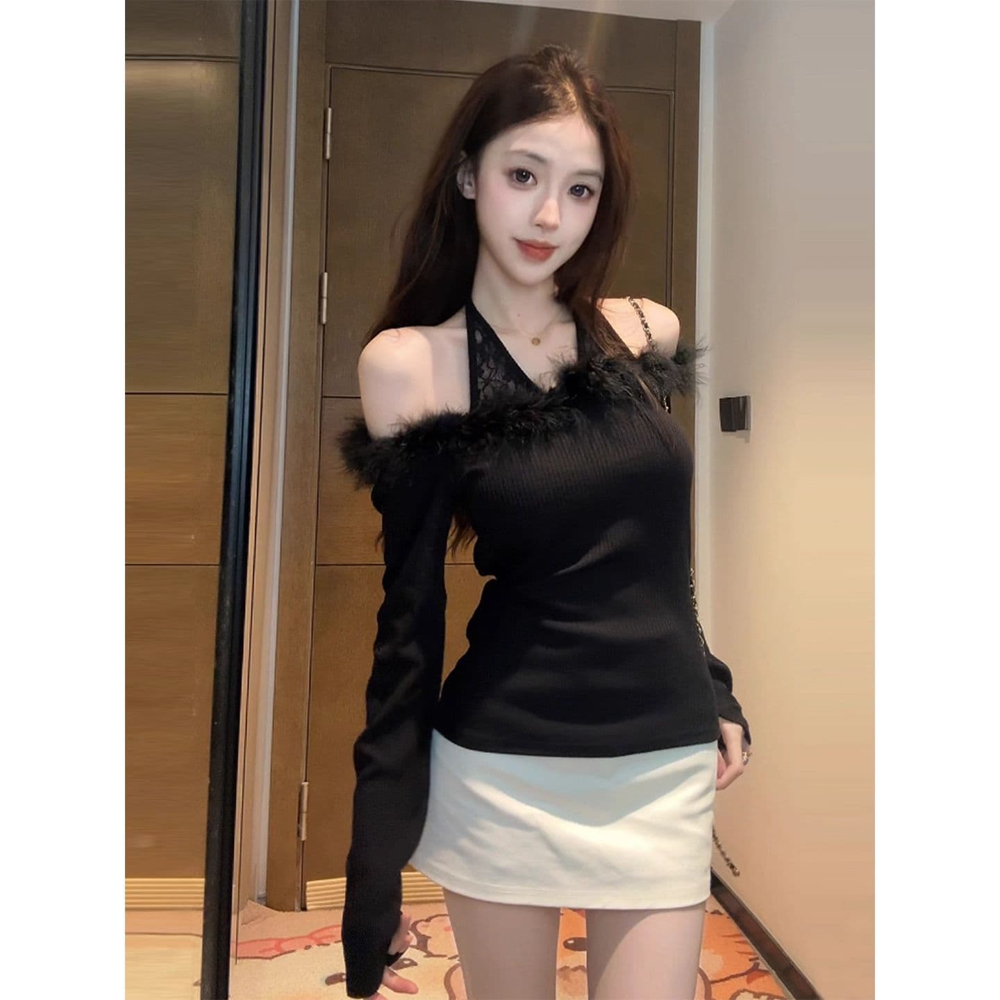 2026 프랑스식 오프숄더 긴팔 티셔츠 맨위 여성 작은 키 패치워크 몸매 가꾸기 슬림해 보이는 핫걸 인사이드 가져 가라. 기본 셔츠