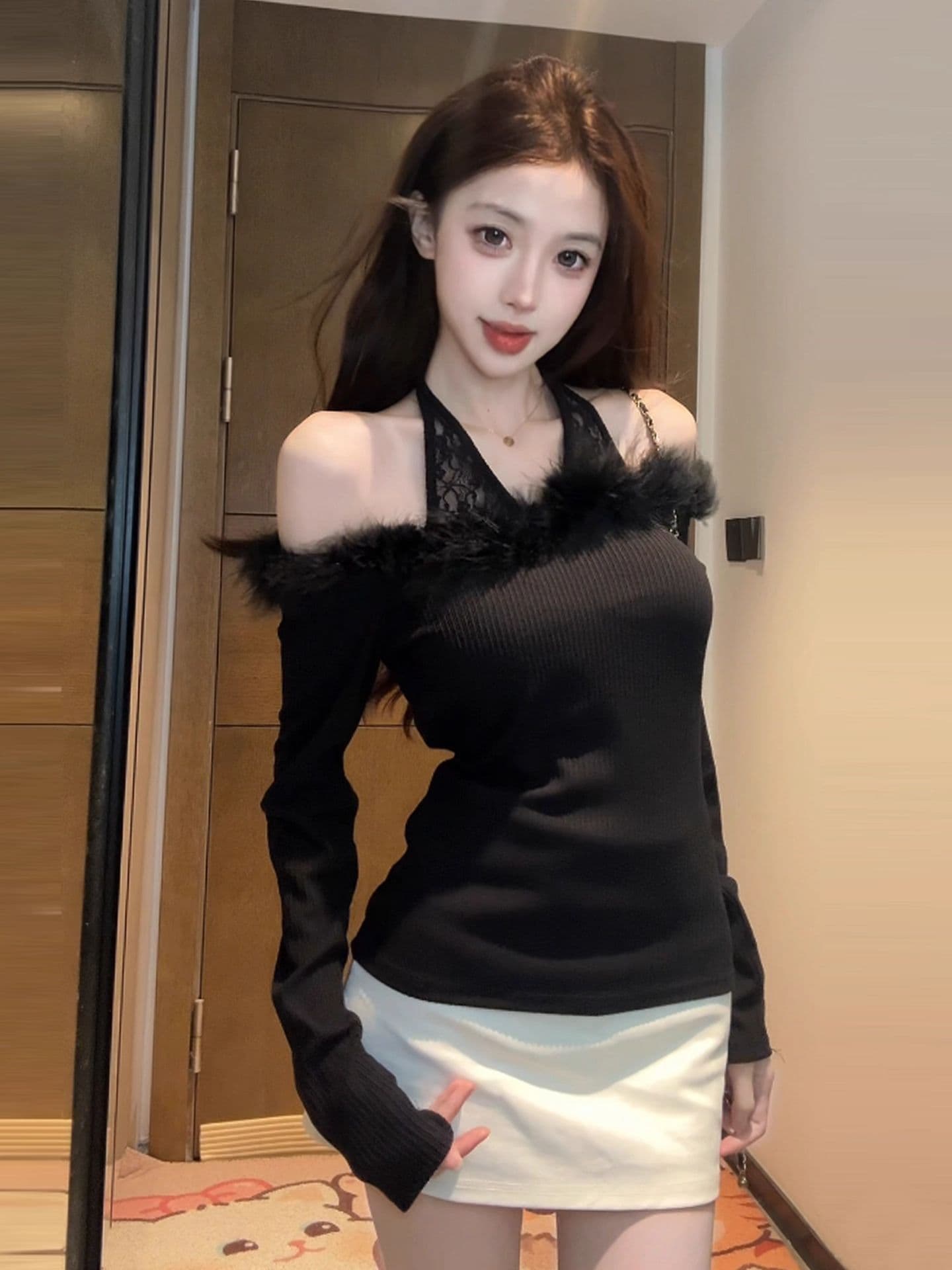 2026 프랑스식 오프숄더 긴팔 티셔츠 맨위 여성 작은 키 패치워크 몸매 가꾸기 슬림해 보이는 핫걸 인사이드 가져 가라. 기본 셔츠 상세 이미지 2
