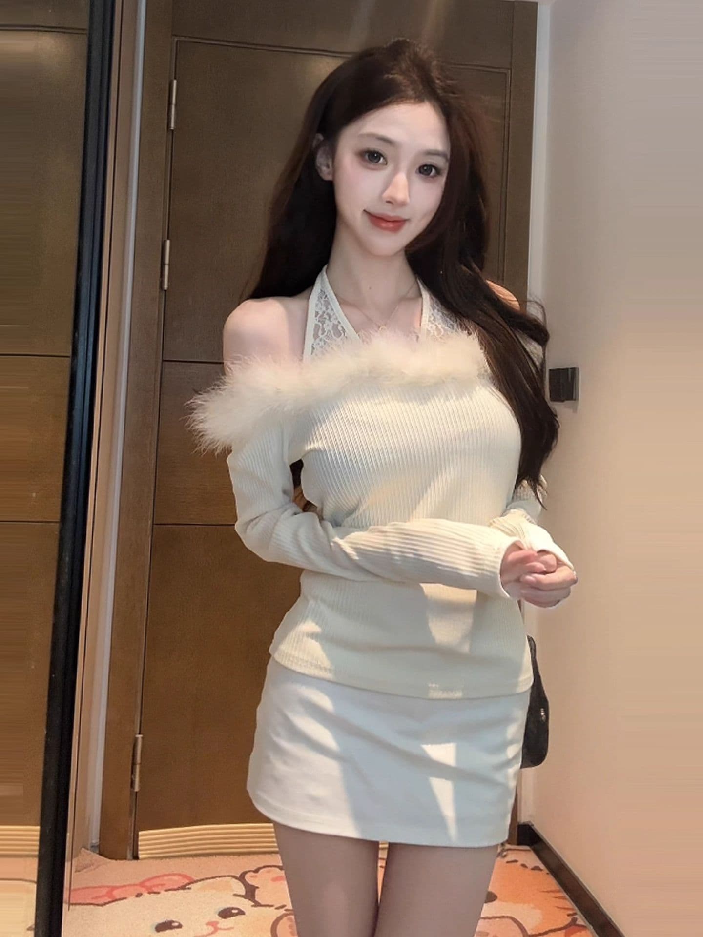 2026 프랑스식 오프숄더 긴팔 티셔츠 맨위 여성 작은 키 패치워크 몸매 가꾸기 슬림해 보이는 핫걸 인사이드 가져 가라. 기본 셔츠 상세 이미지 3