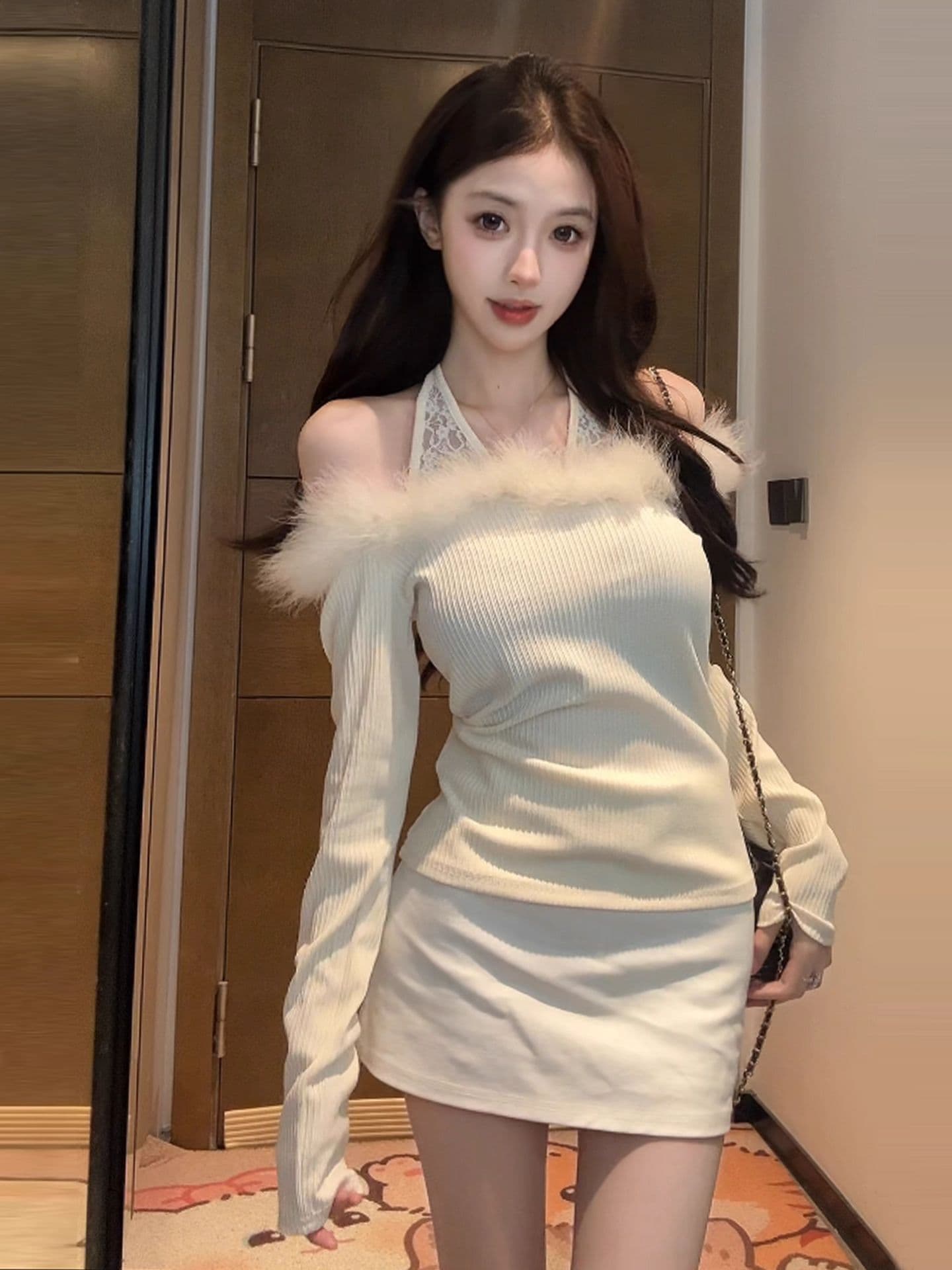 2026 프랑스식 오프숄더 긴팔 티셔츠 맨위 여성 작은 키 패치워크 몸매 가꾸기 슬림해 보이는 핫걸 인사이드 가져 가라. 기본 셔츠 상세 이미지 5
