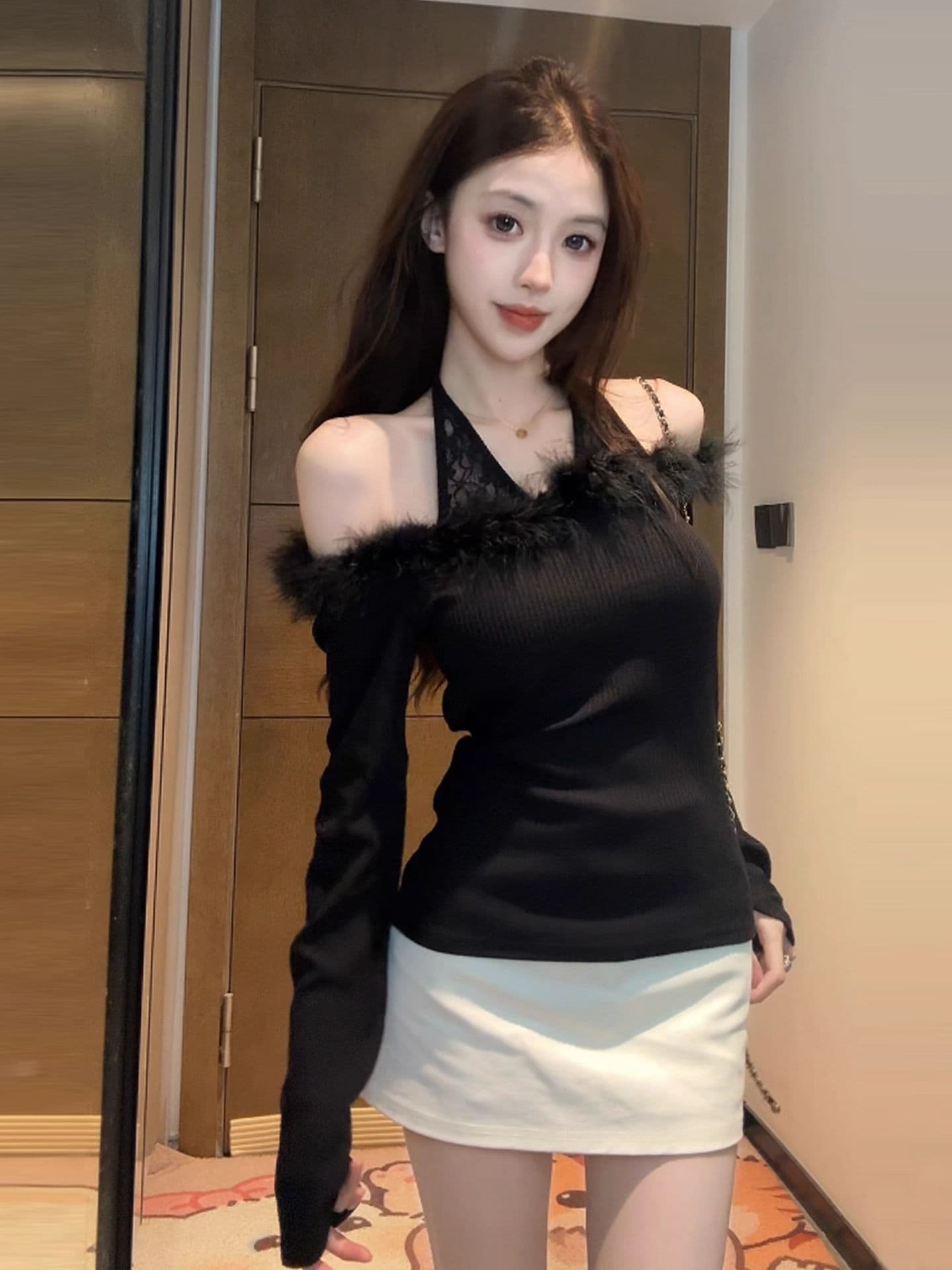 2026 프랑스식 오프숄더 긴팔 티셔츠 맨위 여성 작은 키 패치워크 몸매 가꾸기 슬림해 보이는 핫걸 인사이드 가져 가라. 기본 셔츠 상세 이미지 6