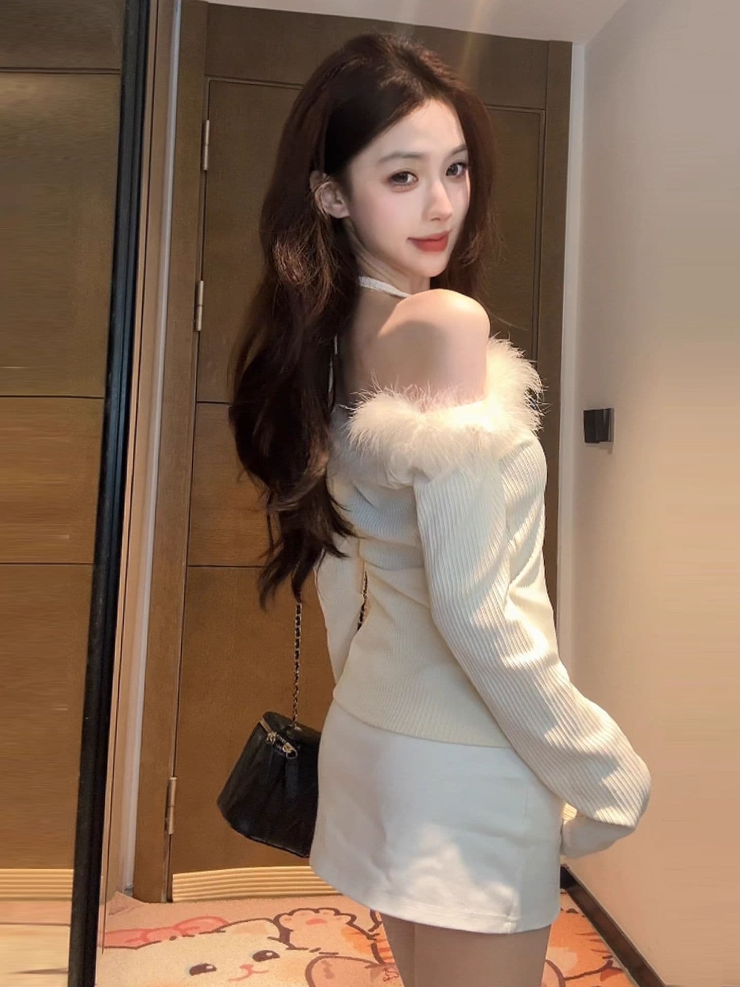 2026 프랑스식 오프숄더 긴팔 티셔츠 맨위 여성 작은 키 패치워크 몸매 가꾸기 슬림해 보이는 핫걸 인사이드 가져 가라. 기본 셔츠 상세 이미지 8