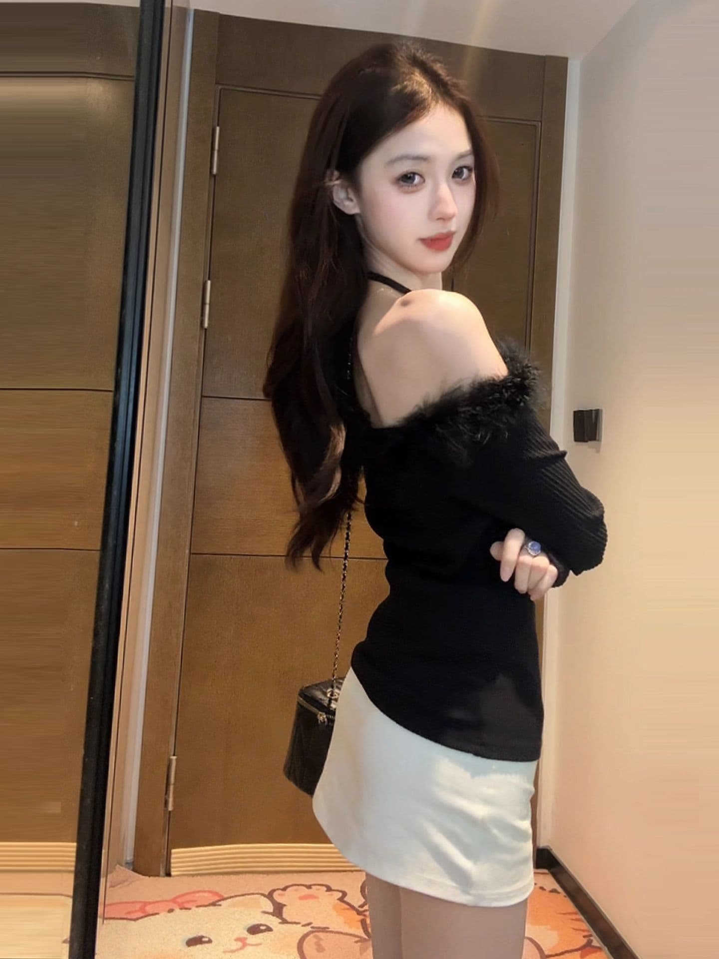 2026 프랑스식 오프숄더 긴팔 티셔츠 맨위 여성 작은 키 패치워크 몸매 가꾸기 슬림해 보이는 핫걸 인사이드 가져 가라. 기본 셔츠 상세 이미지 9