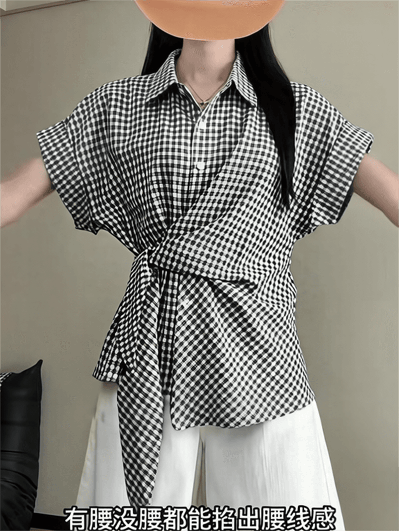 2026 한 부서 체크무늬 나비 매듭 스트랩 POLO 칼라 반팔 여성 셔츠 여름 몸매 가꾸기 고급 센스 캐주얼 맨위 상세 이미지 10