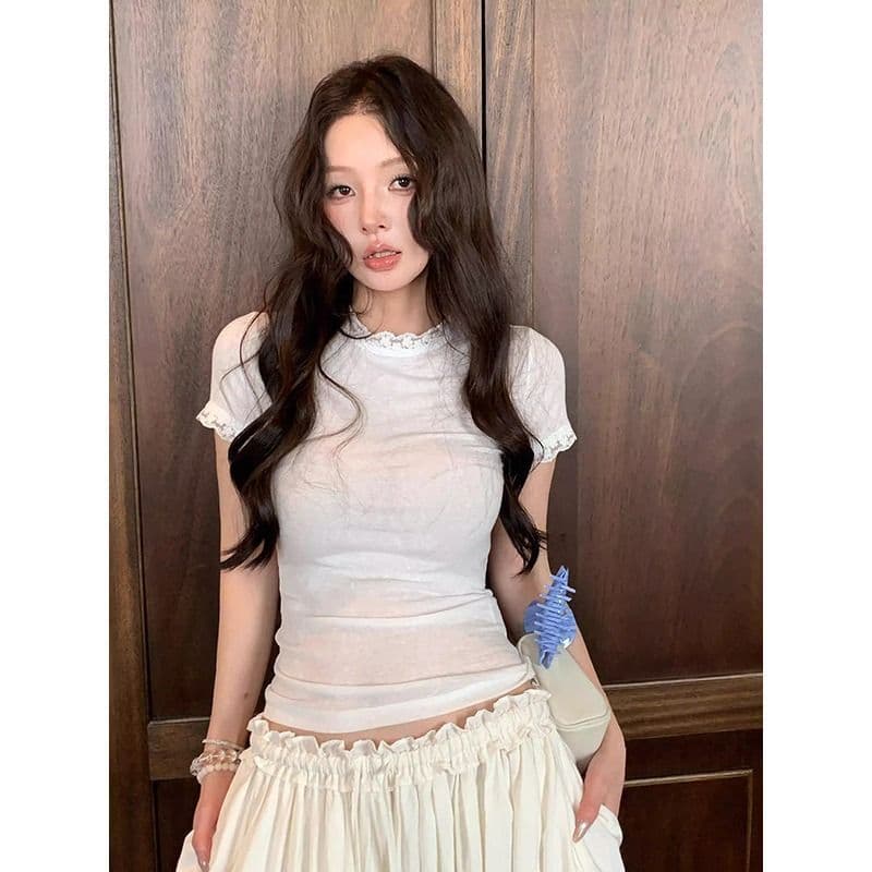 2026 라이 경기 서울 눈꽃 면 레이스 레이스 긍정적 인 어깨 반팔 티셔츠 여성 몸매 가꾸기 쇼트 스타일 맨위