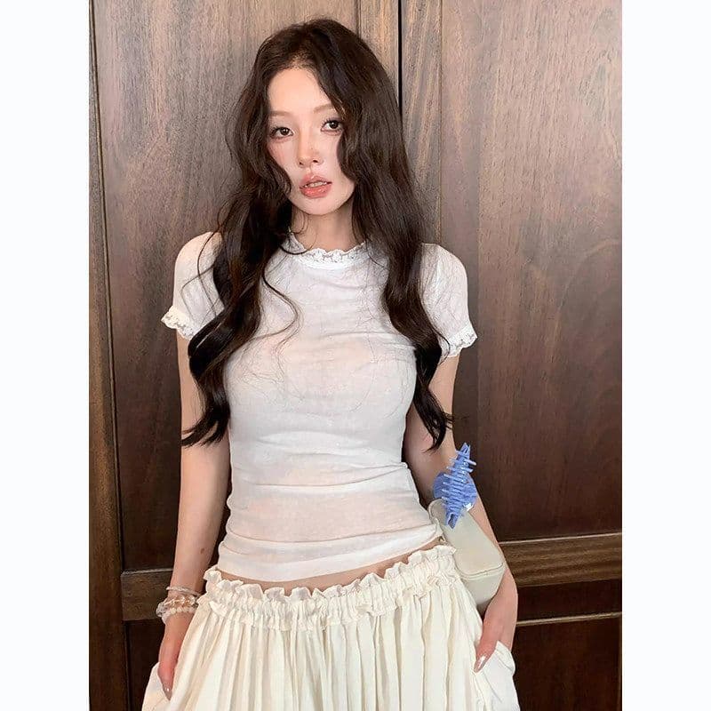 2026 라이 경기 서울 눈꽃 면 레이스 레이스 긍정적 인 어깨 반팔 티셔츠 여성 몸매 가꾸기 쇼트 스타일 맨위 이미지 4