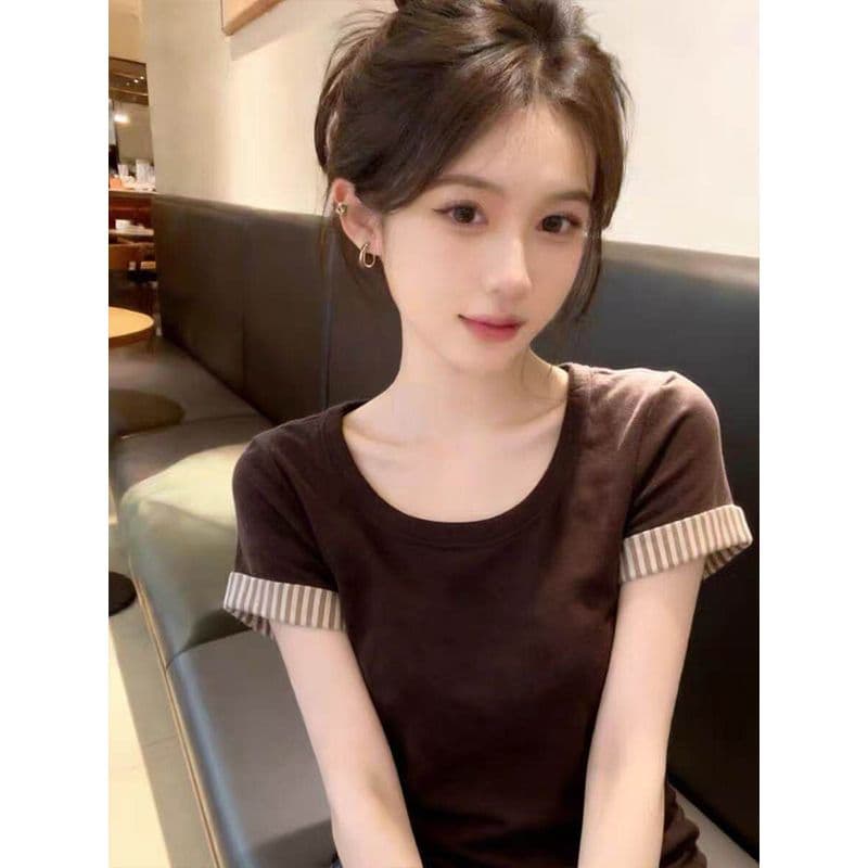 2026 스트라이프 커프스 티셔츠 여성 새로운 봄 여름 라운드 넥 슬림해 보이는 달콤한 자매 바람 맨위 이미지 2