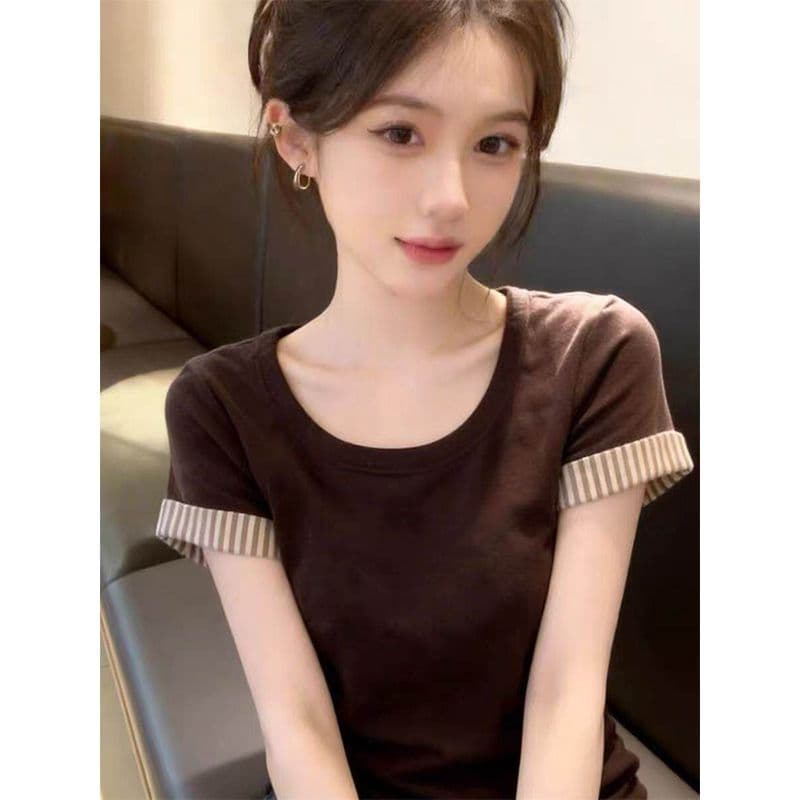 2026 스트라이프 커프스 티셔츠 여성 새로운 봄 여름 라운드 넥 슬림해 보이는 달콤한 자매 바람 맨위 이미지 4
