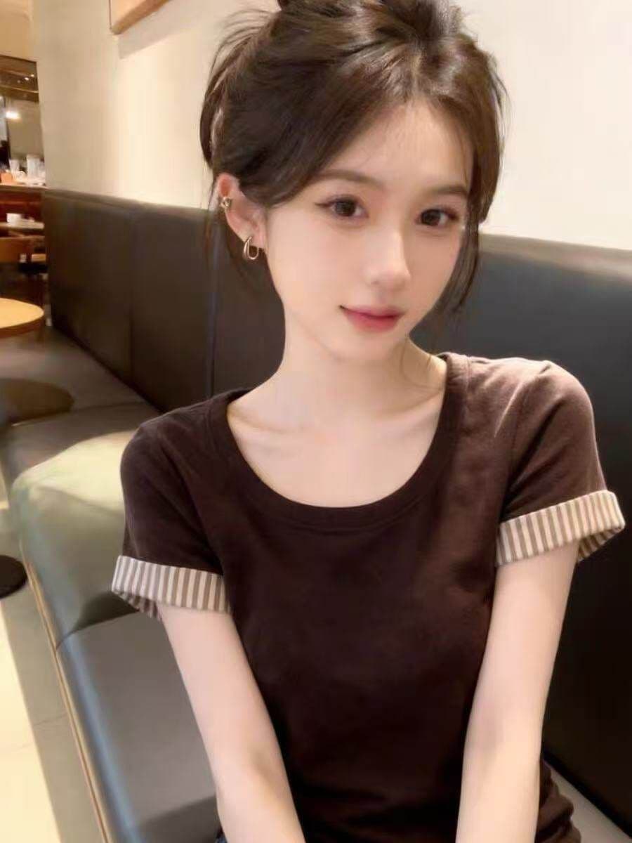 2026 스트라이프 커프스 티셔츠 여성 새로운 봄 여름 라운드 넥 슬림해 보이는 달콤한 자매 바람 맨위 상세 이미지 2