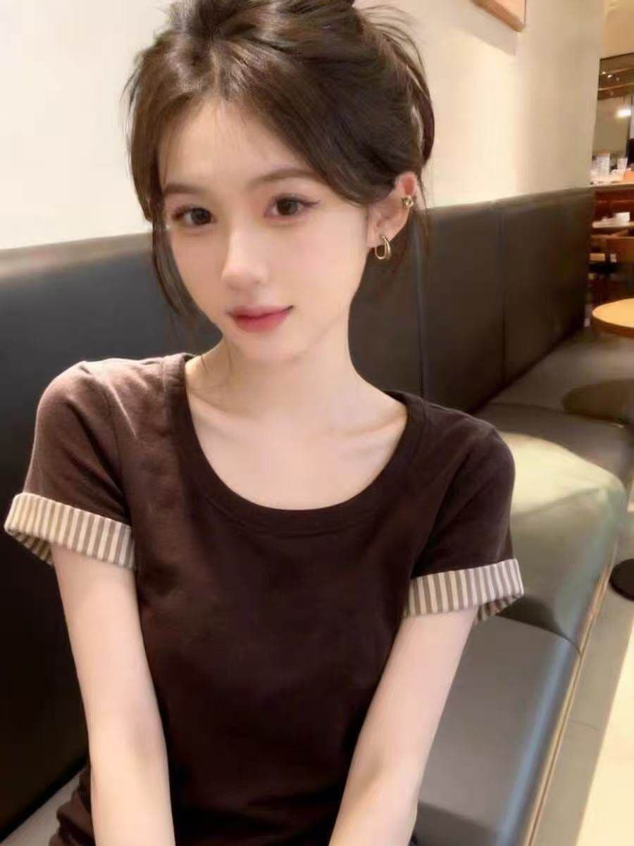 2026 스트라이프 커프스 티셔츠 여성 새로운 봄 여름 라운드 넥 슬림해 보이는 달콤한 자매 바람 맨위 상세 이미지 3