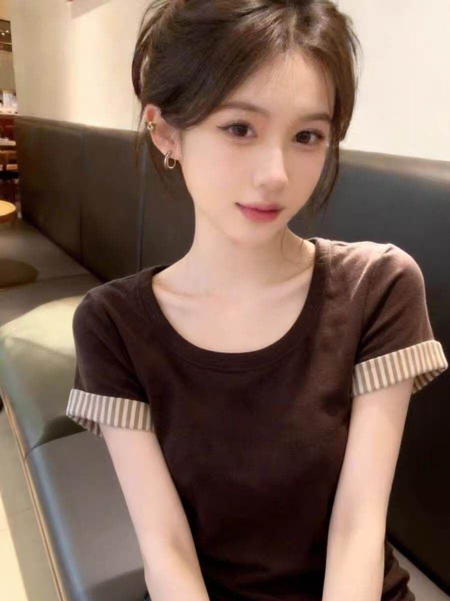 2026 스트라이프 커프스 티셔츠 여성 새로운 봄 여름 라운드 넥 슬림해 보이는 달콤한 자매 바람 맨위 상세 이미지 4