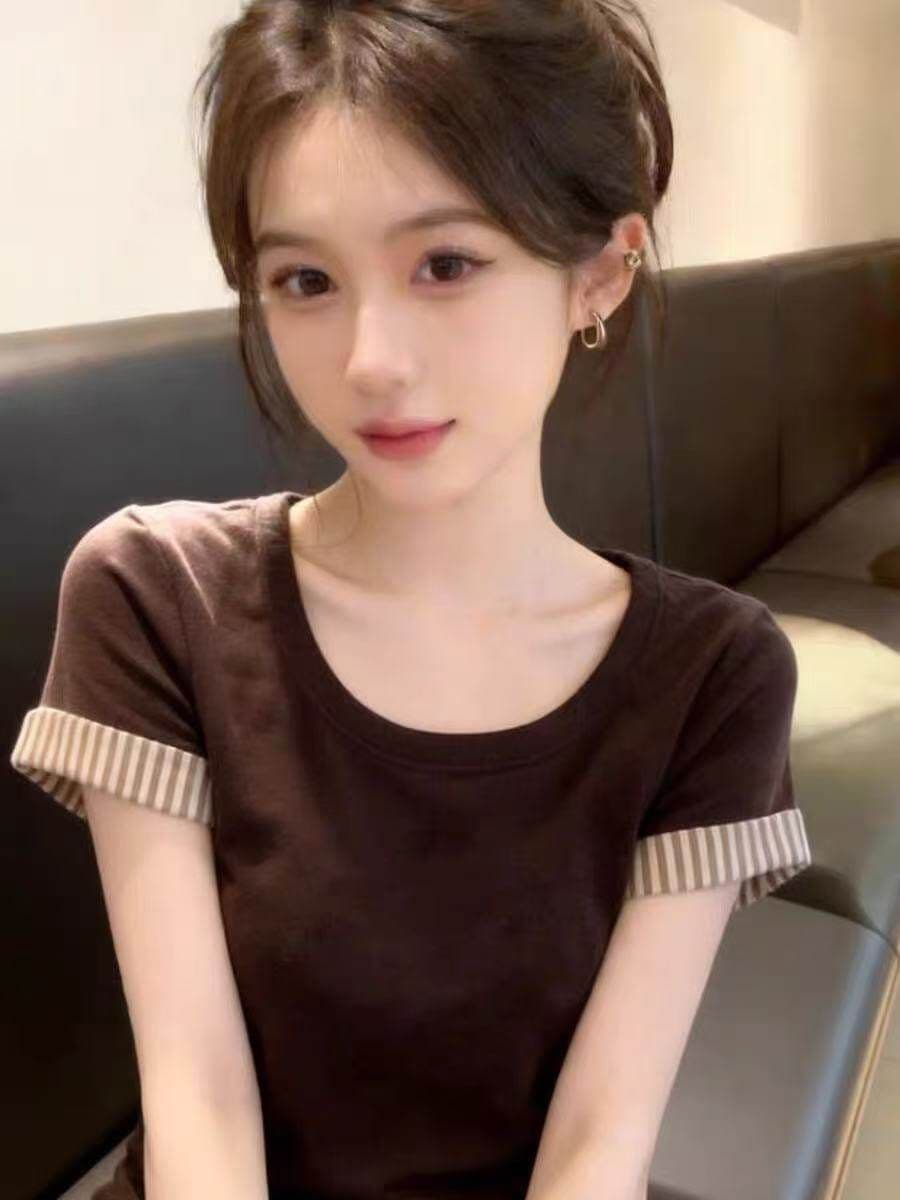 2026 스트라이프 커프스 티셔츠 여성 새로운 봄 여름 라운드 넥 슬림해 보이는 달콤한 자매 바람 맨위 상세 이미지 5