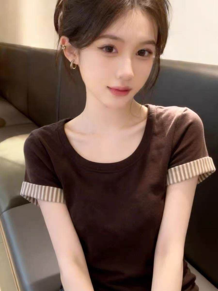 2026 스트라이프 커프스 티셔츠 여성 새로운 봄 여름 라운드 넥 슬림해 보이는 달콤한 자매 바람 맨위 상세 이미지 6