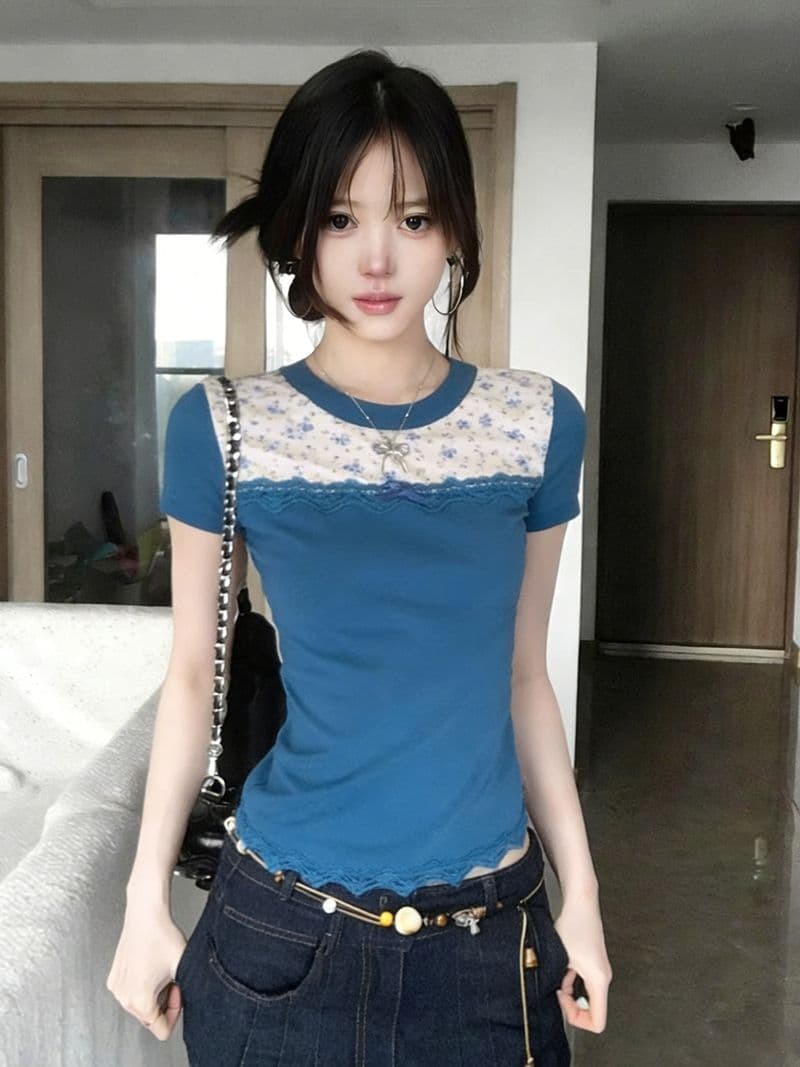 2026 년 여름 새로운 레이스 조각 꽃무늬 반팔 티셔츠 여성 여름 몸매 가꾸기 작은 대중 맨위 이미지 2
