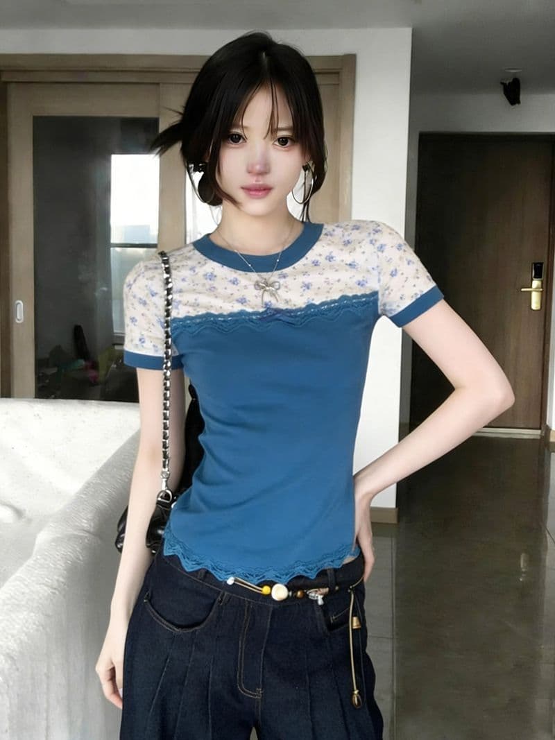 2026 년 여름 새로운 레이스 조각 꽃무늬 반팔 티셔츠 여성 여름 몸매 가꾸기 작은 대중 맨위 상세 이미지 4