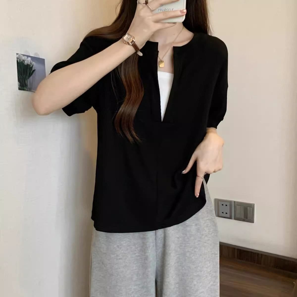 빅 사이즈 페이크 레이어드 반팔 티셔츠 여성 2026 여름 섹션 지방 mm 슬림해 보이는 표지 배 Chic 맨위 상세 이미지 9