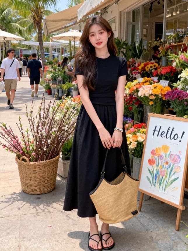 2026 긍정적 인 어깨 새로운 반팔 슬림해 보이는 여성 드레스 여름 품격 몸매 가꾸기 허리 수축 한 마디 빅 플레어 스커트 길다 치마 이미지 3