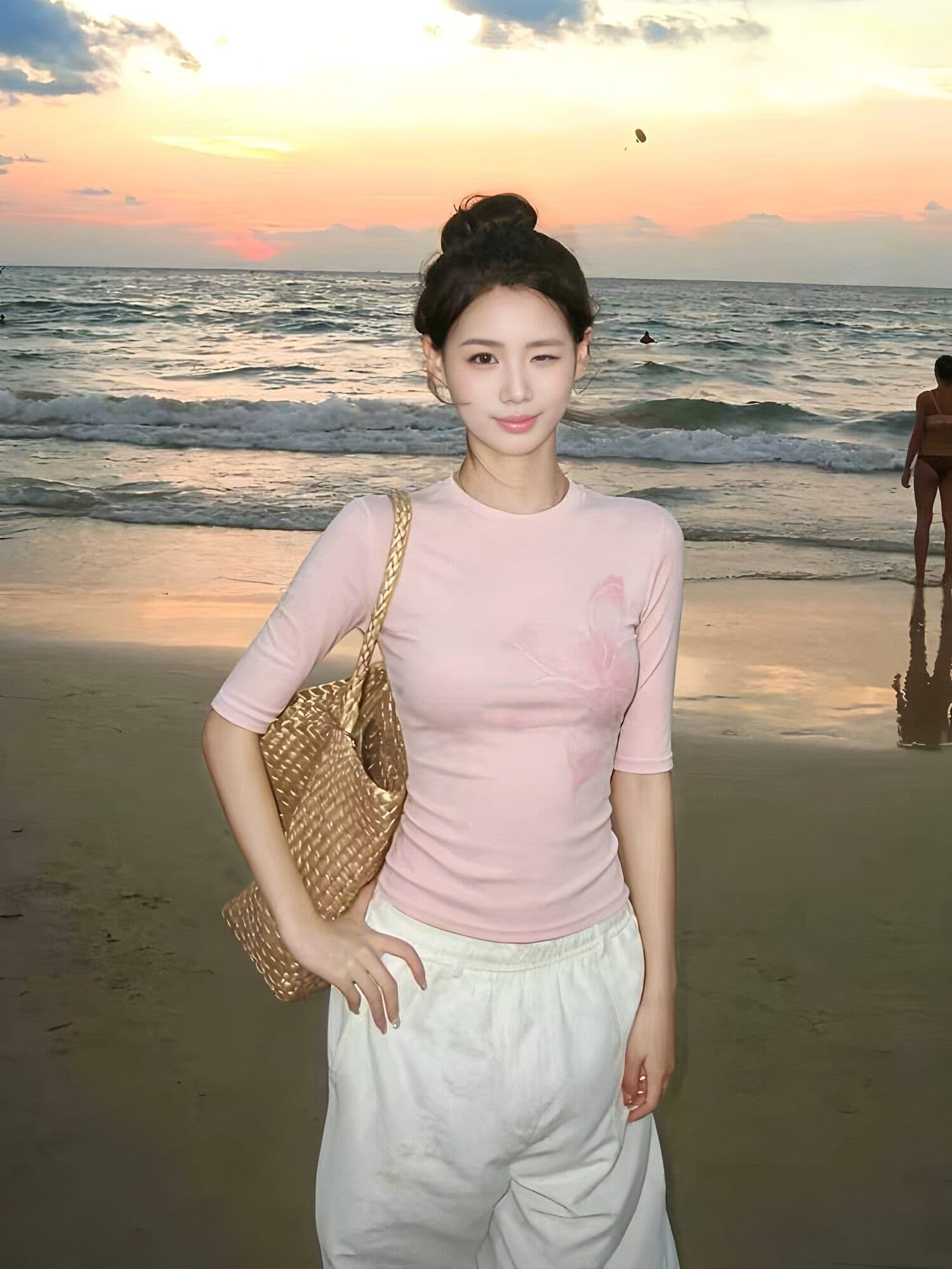 2026 한 부서 미니멀리즘 바람 분말 꽃 프린트 반팔 티셔츠 여성 여름 라운드 넥 맨위 상세 이미지 1
