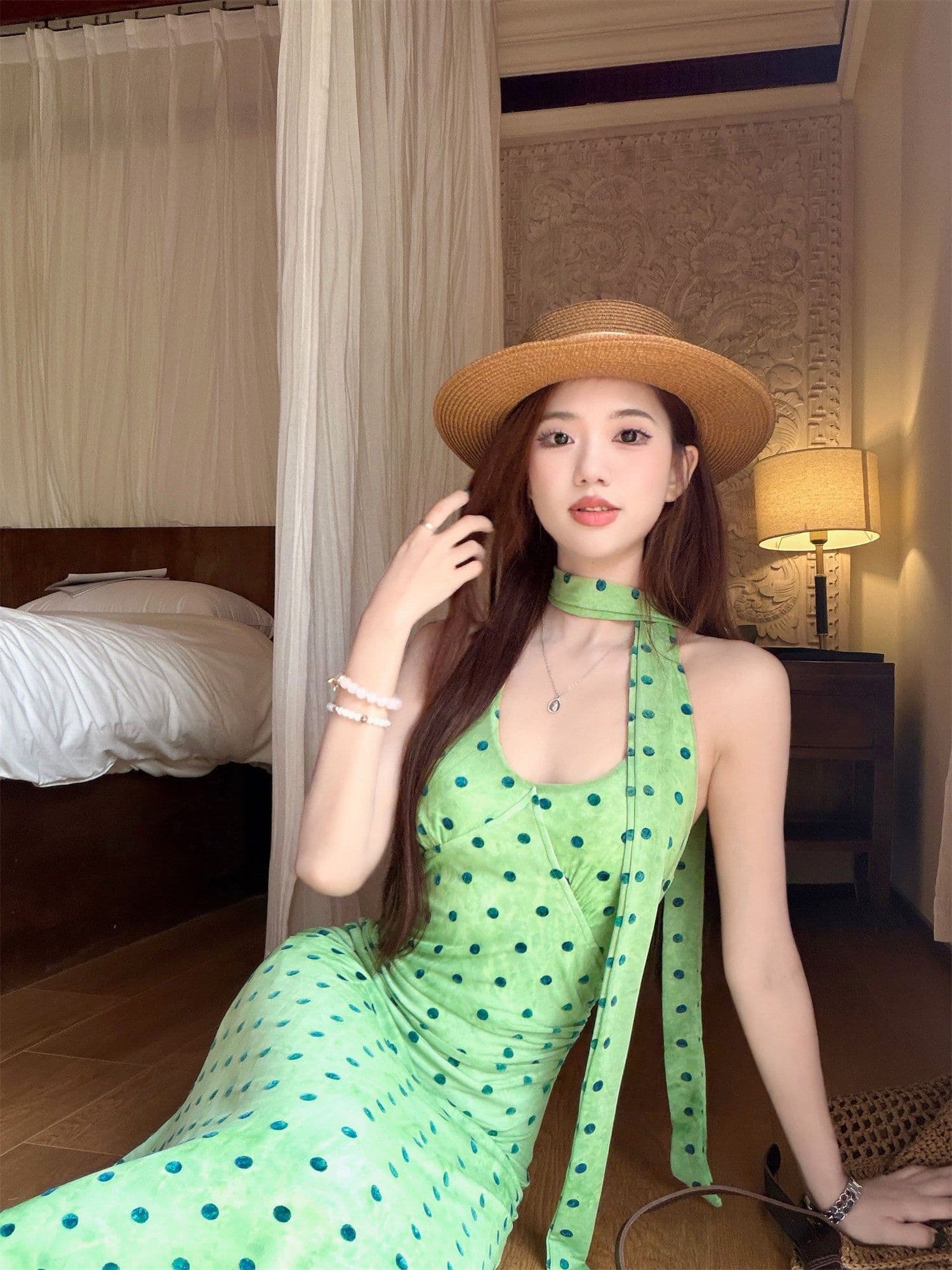 프랑스식 도트 무늬 리본 행침 목 드레스 여성 의류 여름 품격 녹색 치마 허리 수축 타이트 스커트 휴가 롱 스커트 상세 이미지 4