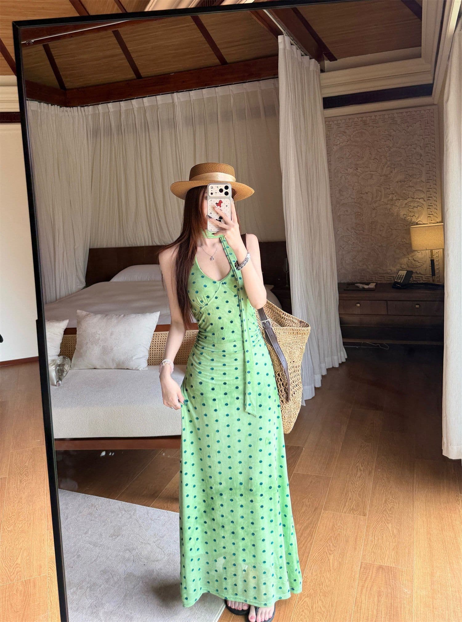 프랑스식 도트 무늬 리본 행침 목 드레스 여성 의류 여름 품격 녹색 치마 허리 수축 타이트 스커트 휴가 롱 스커트 상세 이미지 8