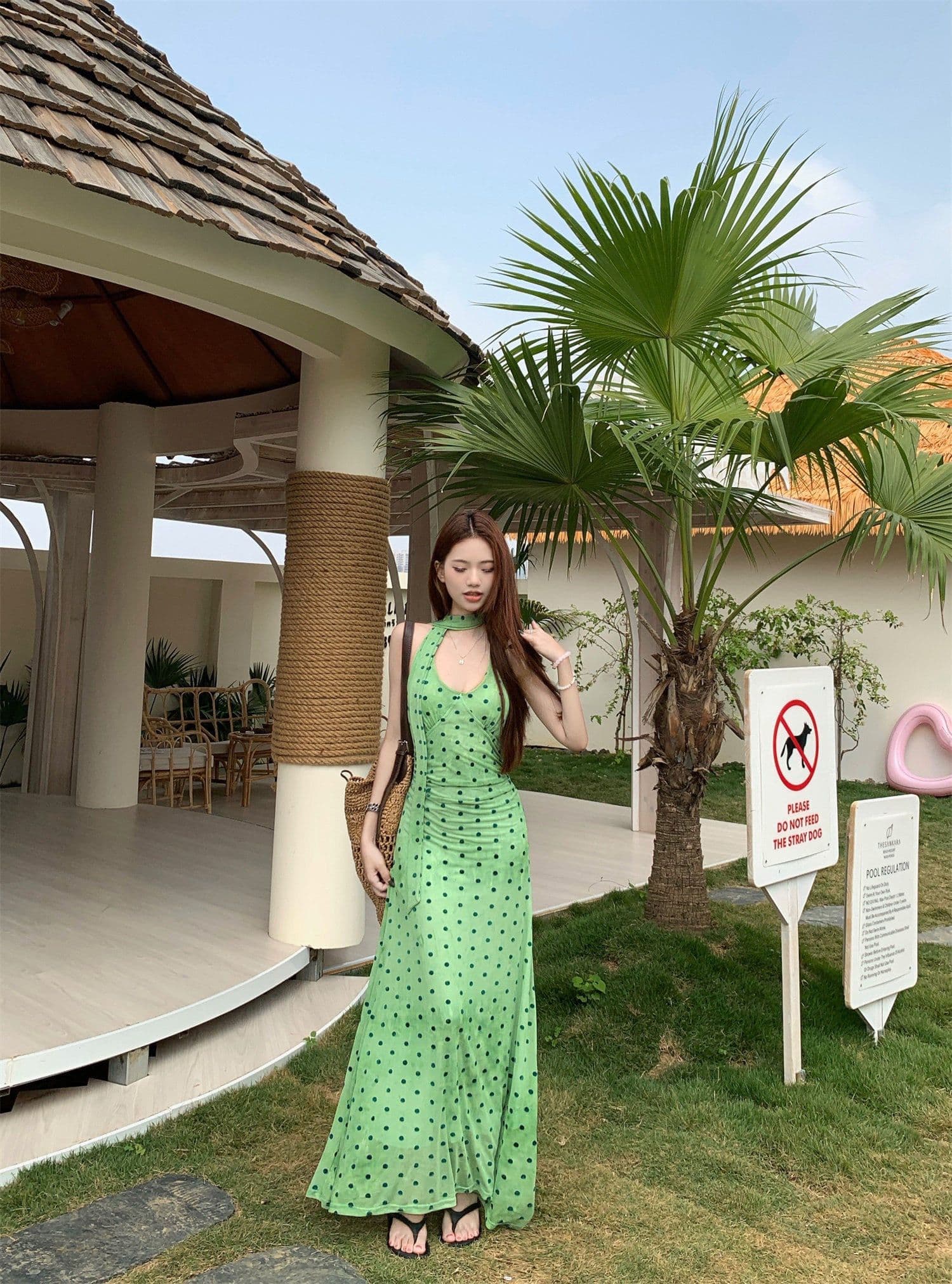 프랑스식 도트 무늬 리본 행침 목 드레스 여성 의류 여름 품격 녹색 치마 허리 수축 타이트 스커트 휴가 롱 스커트 상세 이미지 9