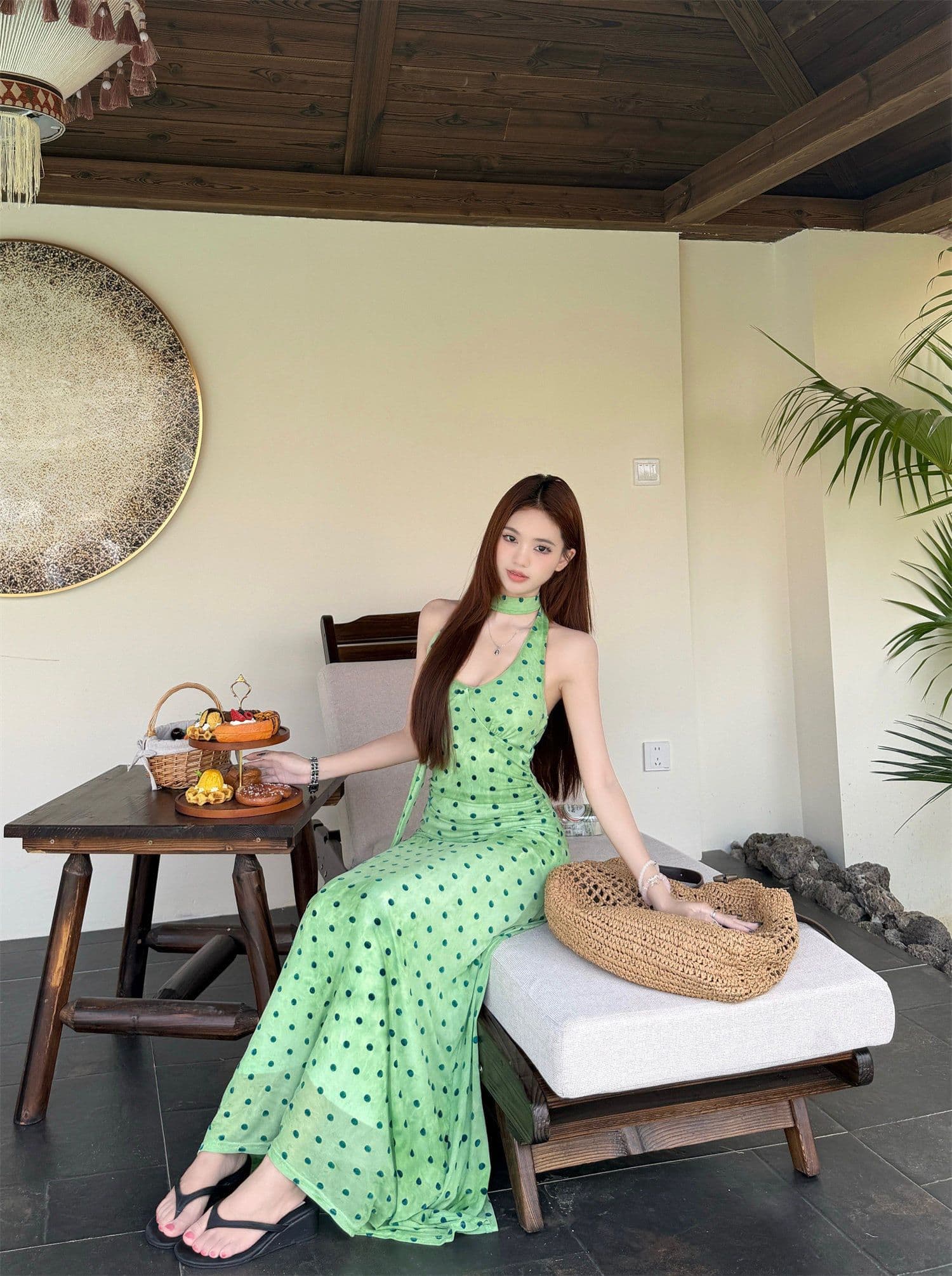 프랑스식 도트 무늬 리본 행침 목 드레스 여성 의류 여름 품격 녹색 치마 허리 수축 타이트 스커트 휴가 롱 스커트 상세 이미지 12